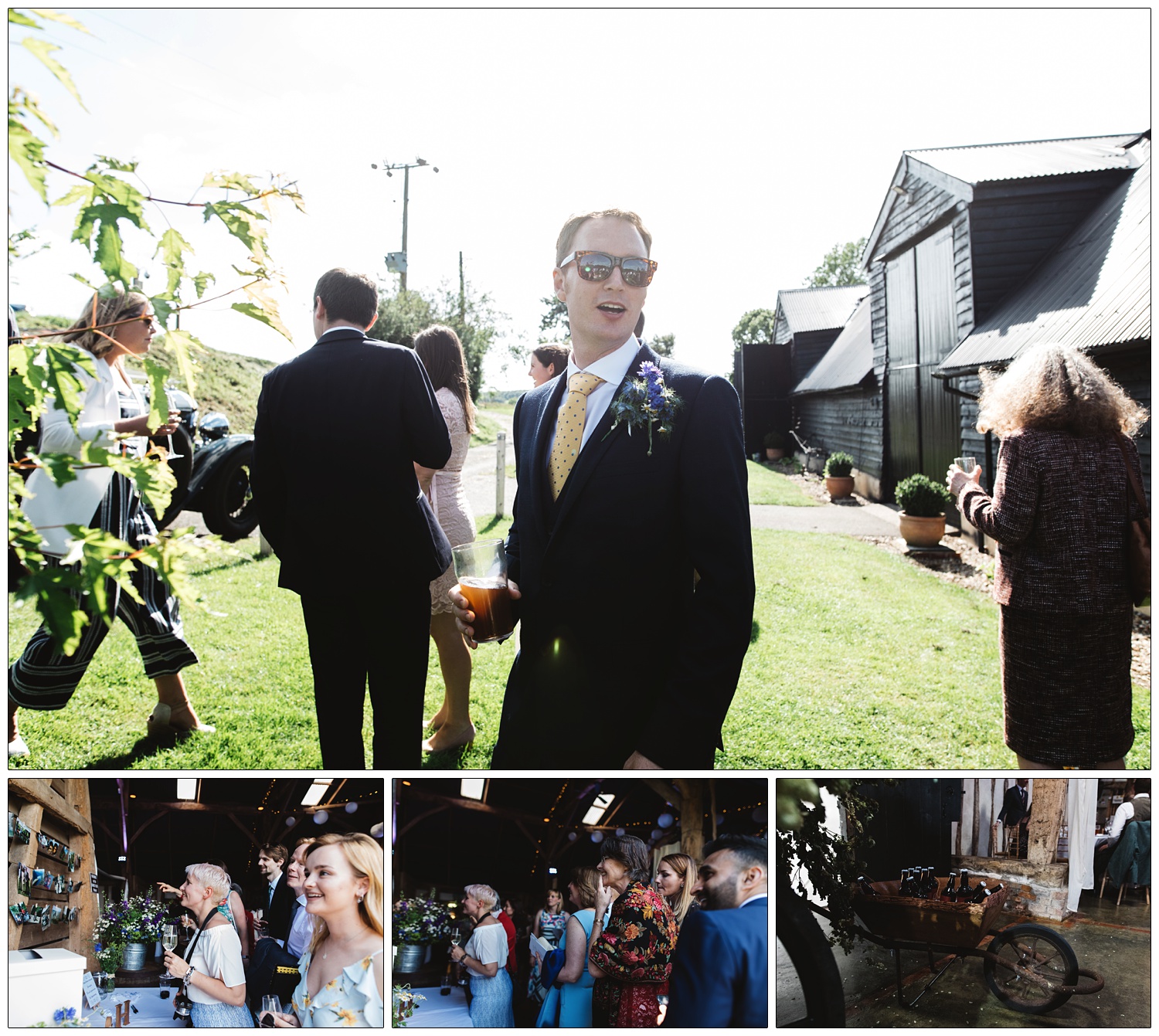 Groom in sunglasses holding a beer outside
