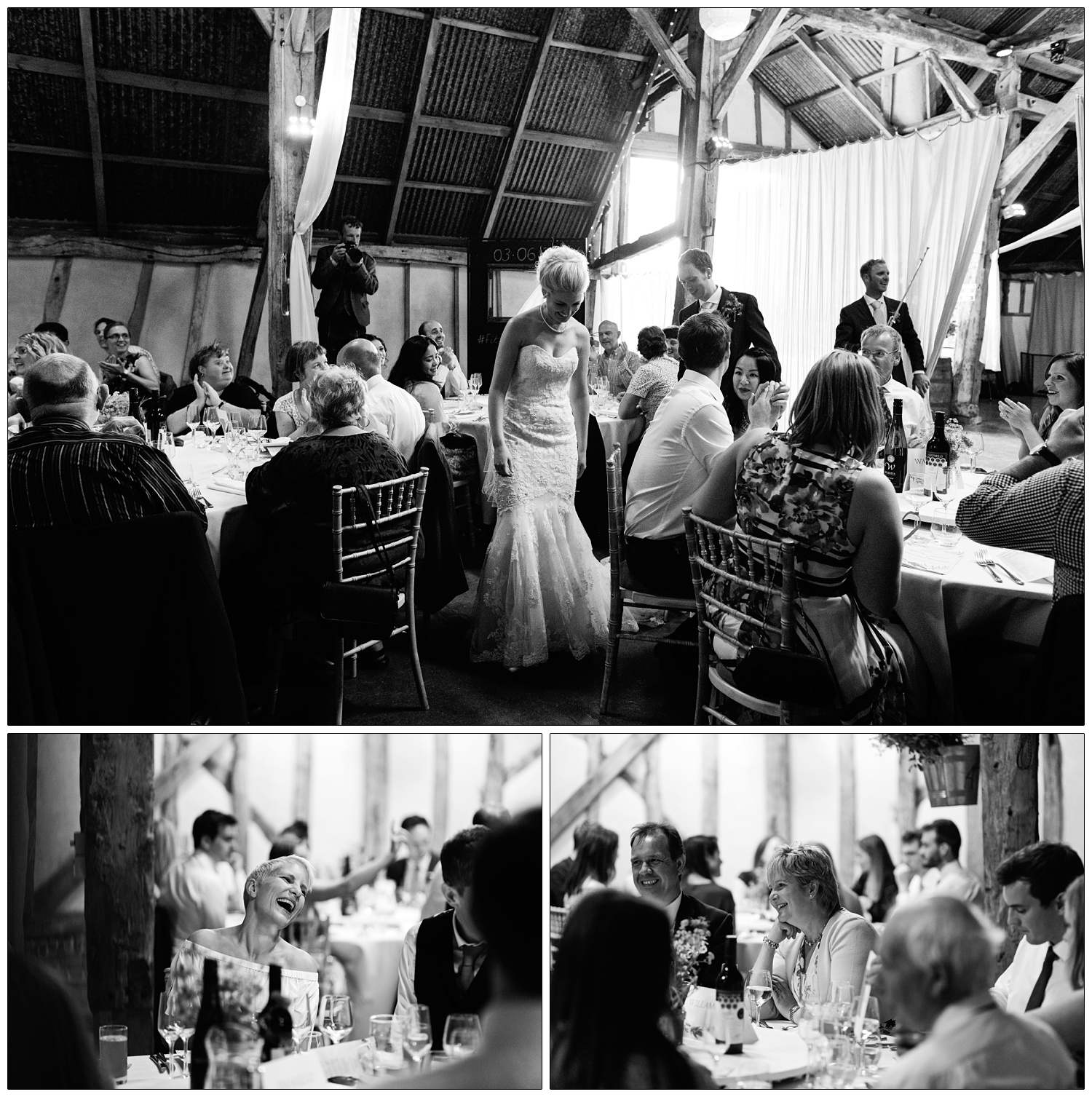 Bride and groom walking through tables