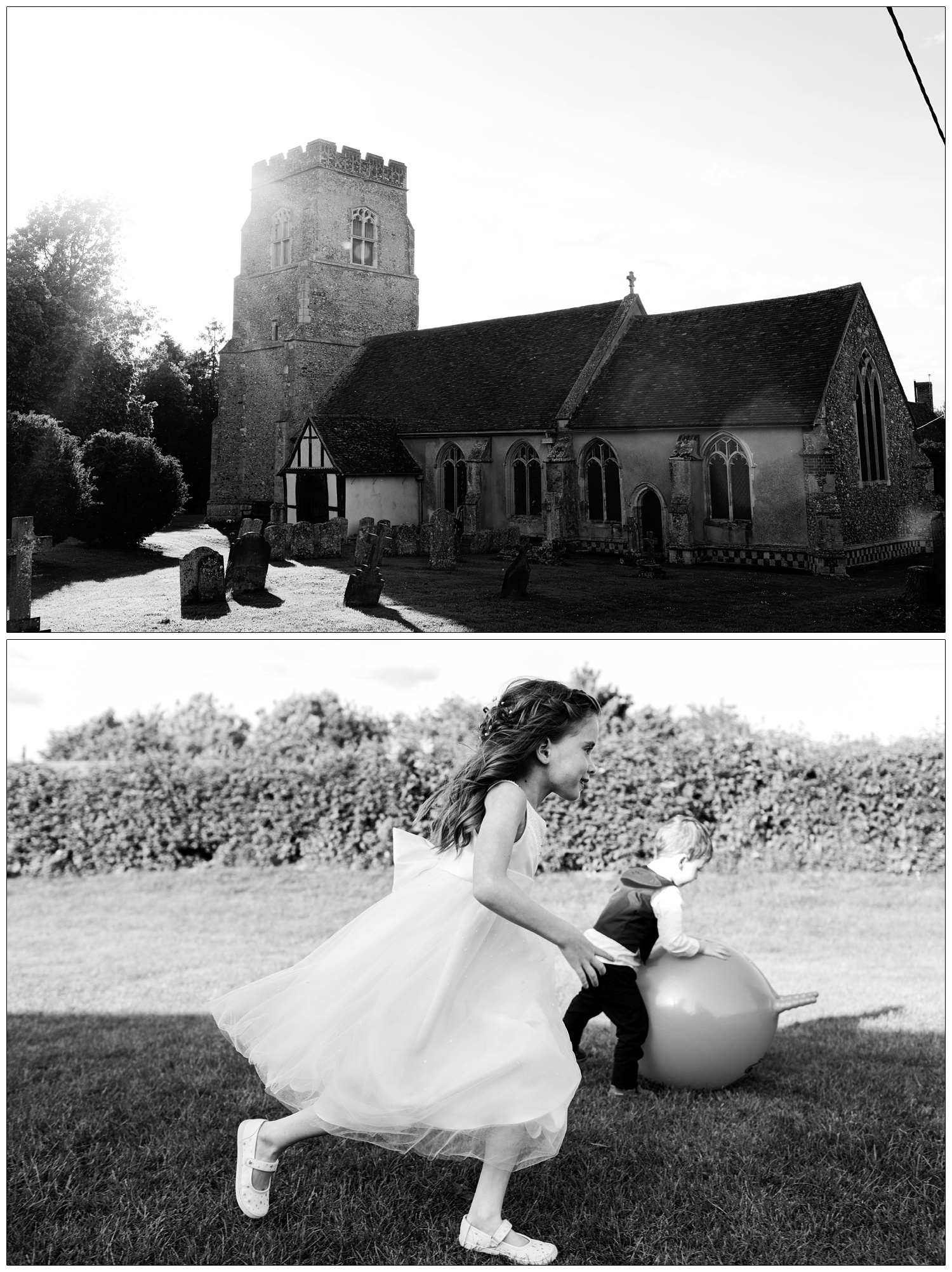 St Peter & St Paul's Church, Alpheton, in black and white. A girl and boy play with a space hopper.