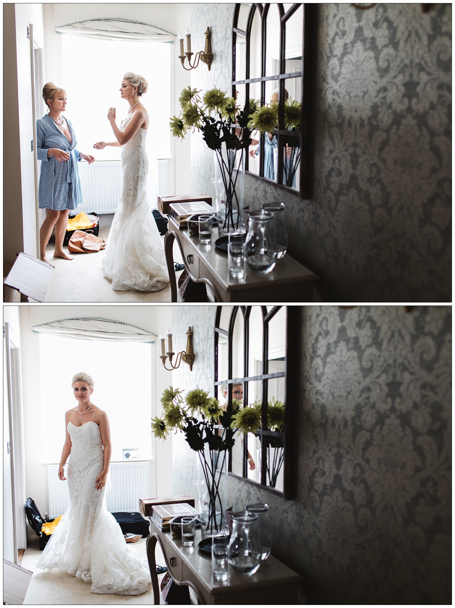 Bride spraying perfume.