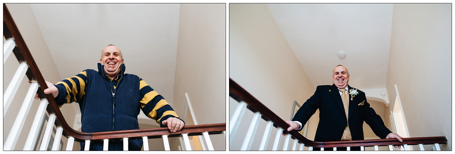 Father of the brides in the same pose and each daughter's wedding. Overlooking the stairs.