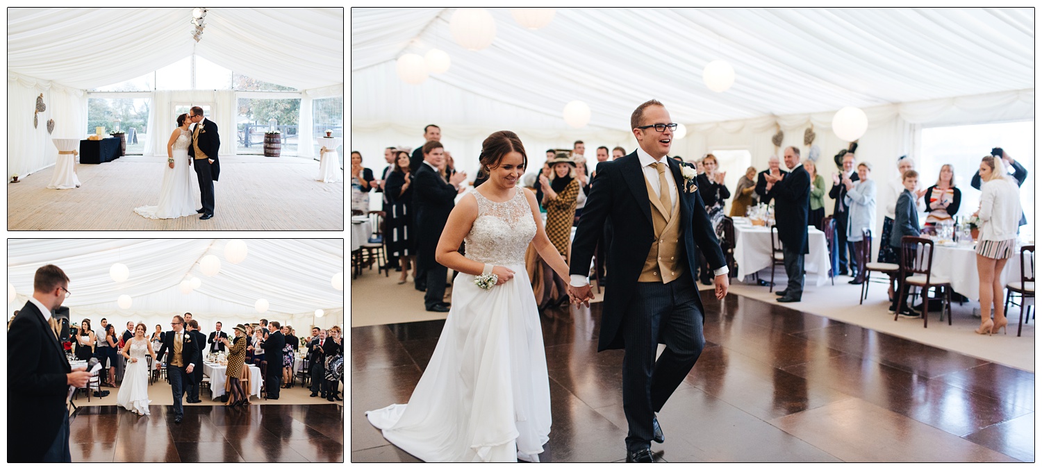 bride and groom enter the marquee and people clap