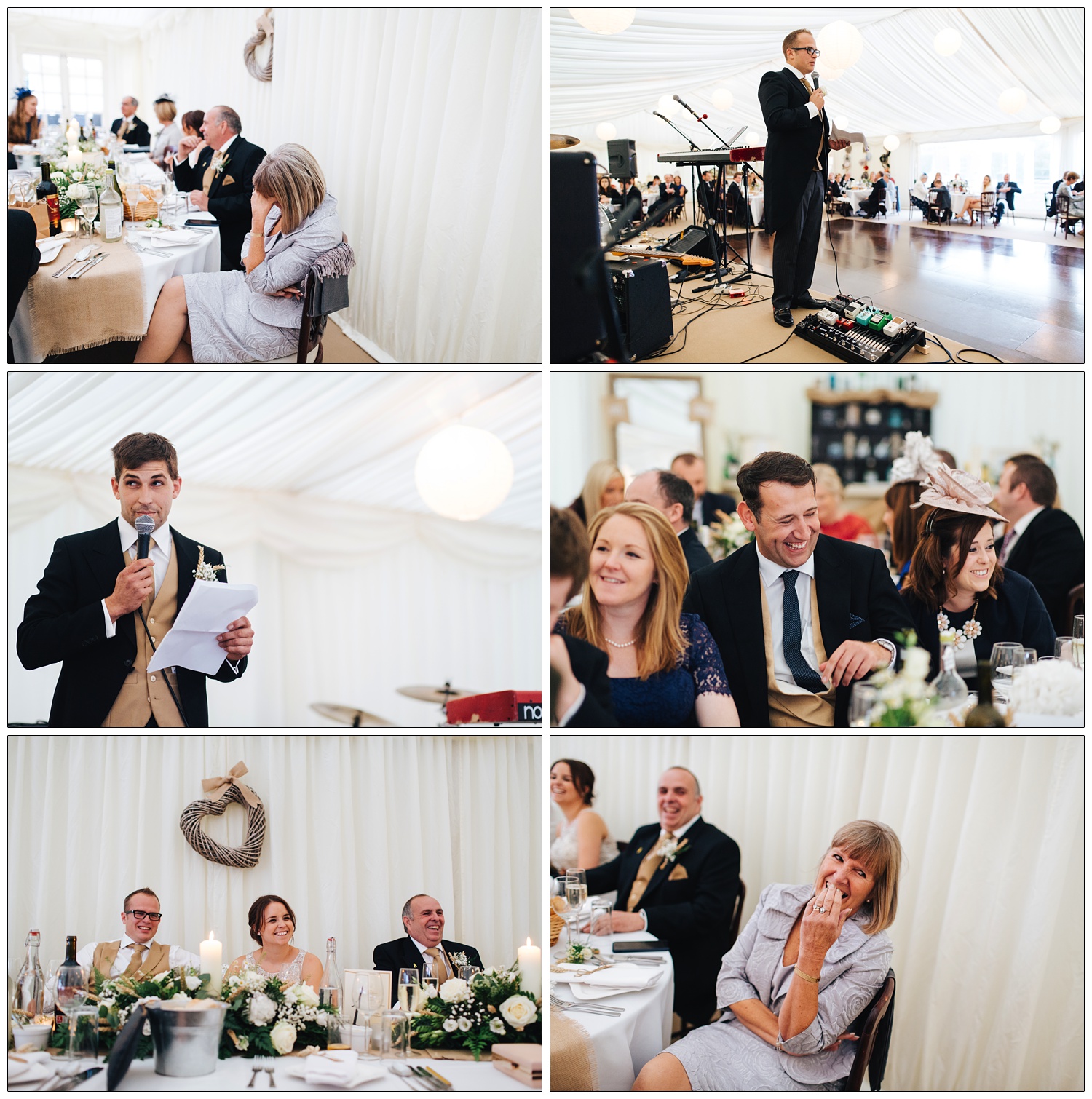 groom standing on stage giving a speech in a marquee