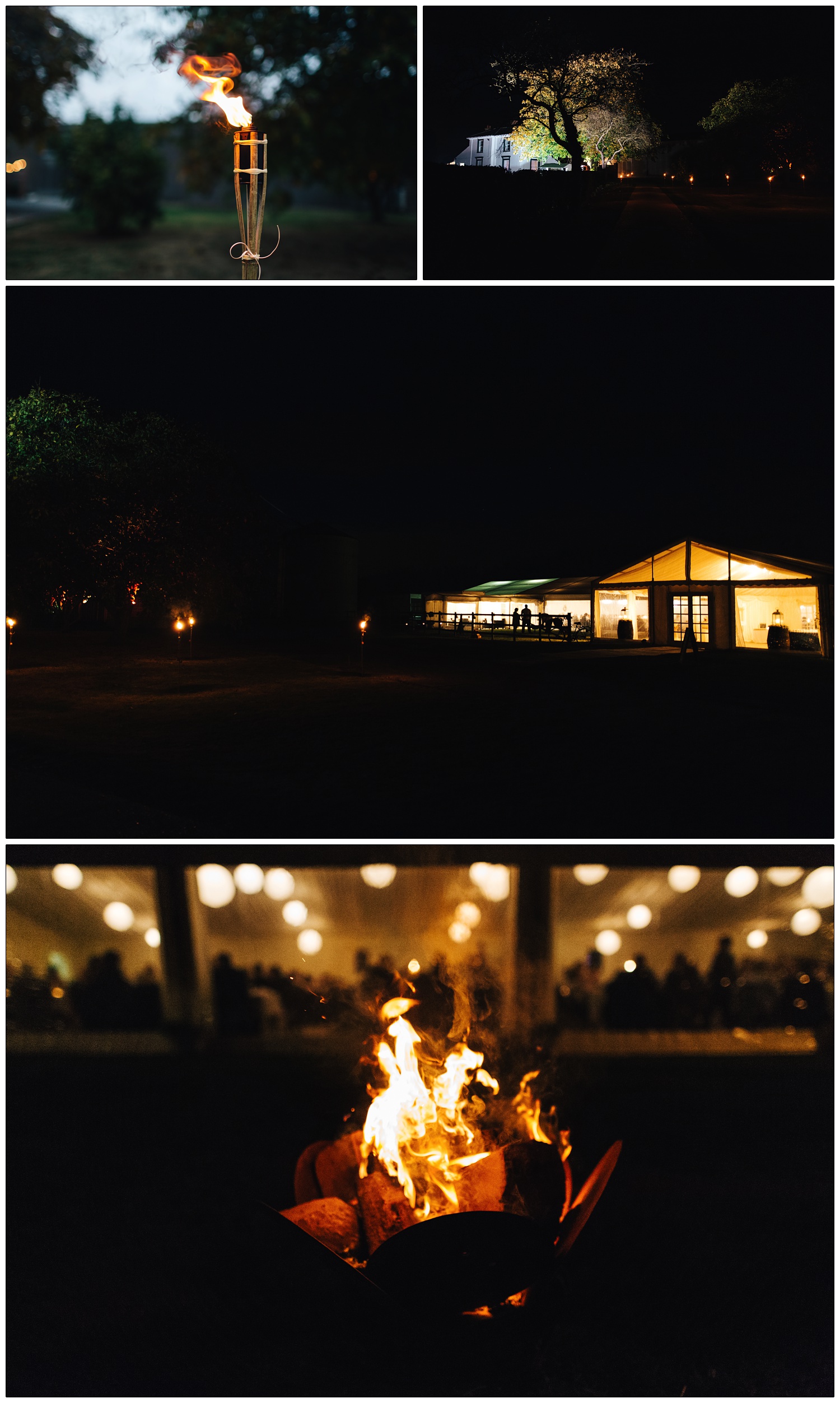 Pictures of the farm where the wedding is taking place at night. The marquee is lit up and there is a firepit