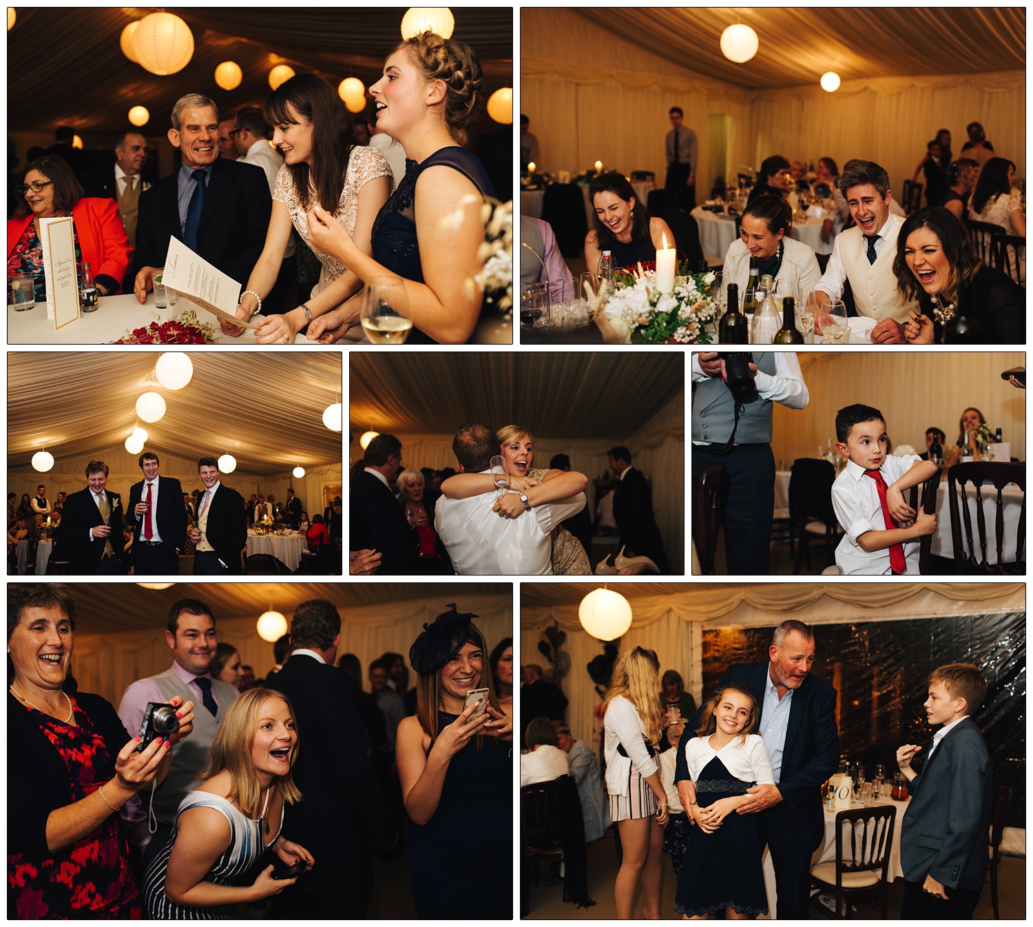 a selection of candid wedding photographs of guests enjoying themselves. Dancing, hugging and laughing. The lighting in the marquee is orange.