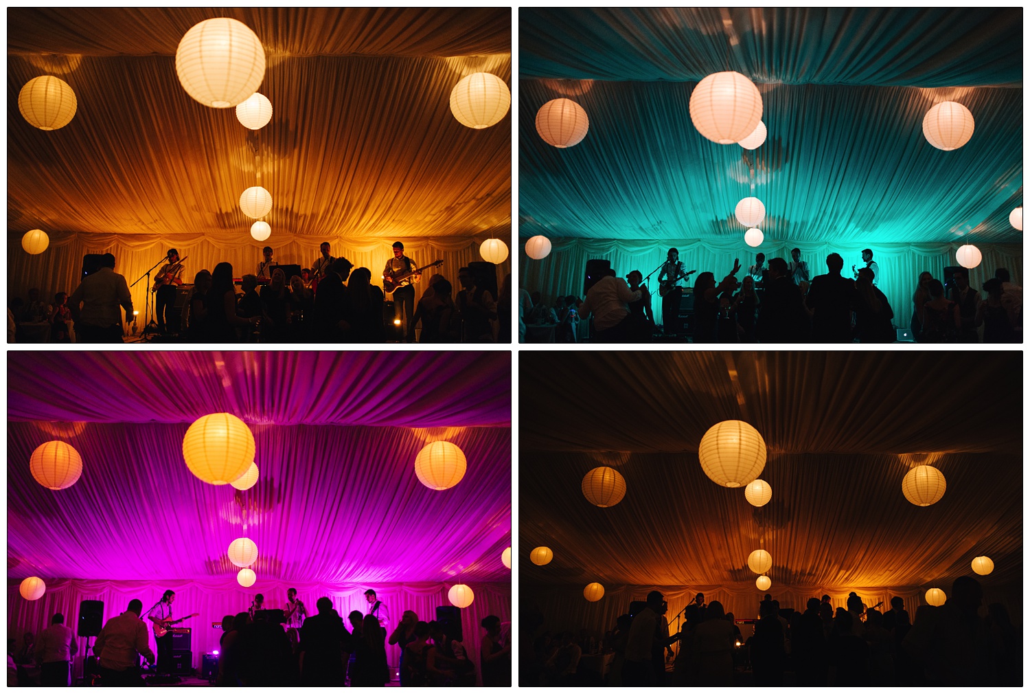 four pictures of the band playing and the people dancing are silhouettes. The lighting is orange, cyan, magenta, and orange again. Ball paper lantern lights hang from the ceiling of the marquee.