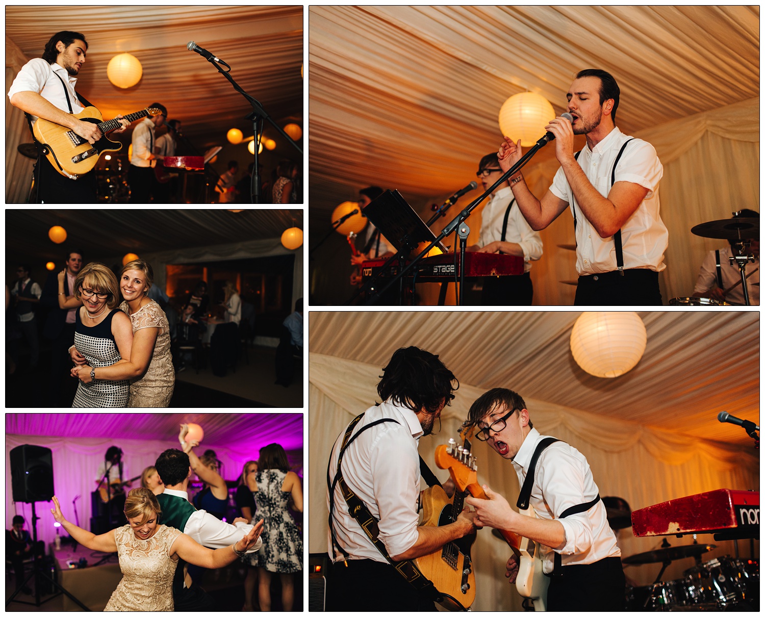 Winston and the Lads performing at a wedding reception. The lights are orange.