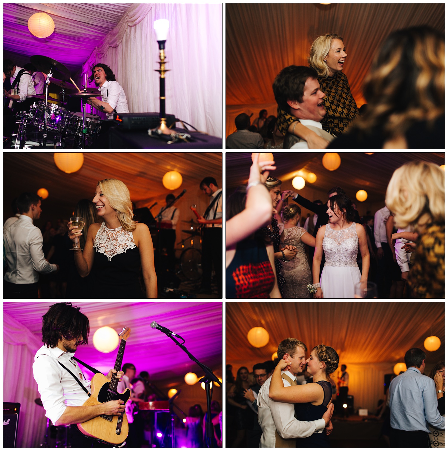 Colourful pictures in a marquee for a wedding reception. Orange and purple lighting. A drummer and guitarist are playing, a couple are dancing together.