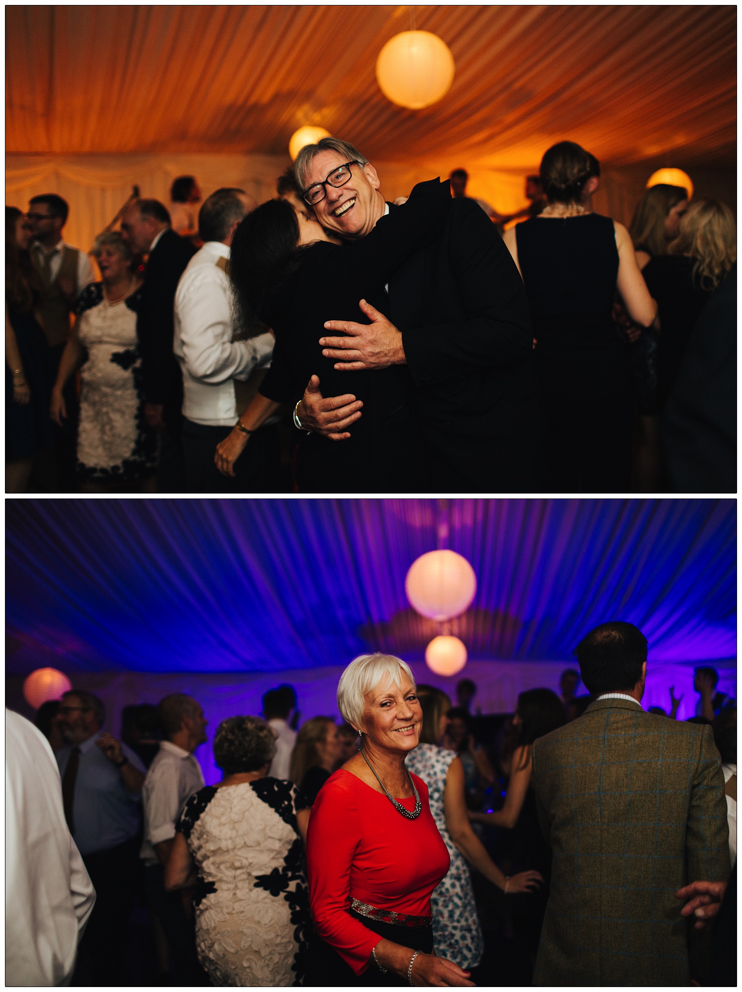 Orange lighting on a dance floor, a man hugs a woman and laughs. The marquee is lit purple and woman in a red top looks at the camera.