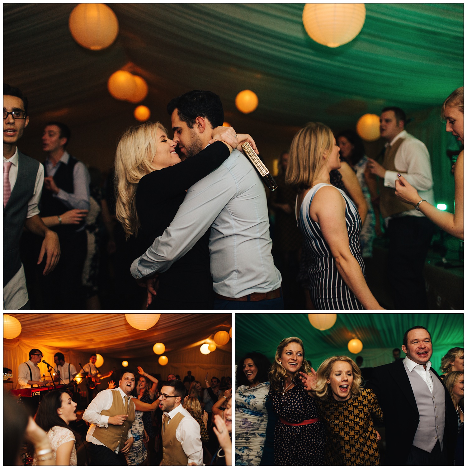 A marquee lit with green and orange lights, decorated with paper ball lanterns, while guests at a wedding dance to the band Wdnston and the Lads.