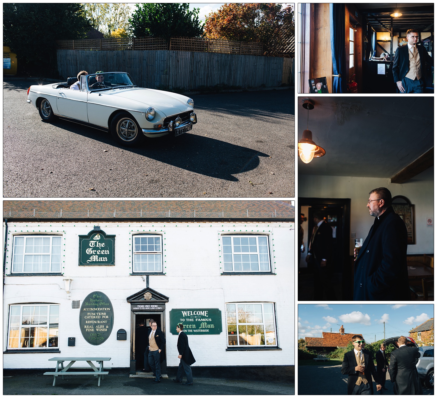 Groom and friends walking into the The Green Man by the River Blackwater. Groom and friend in a white 1972 MG