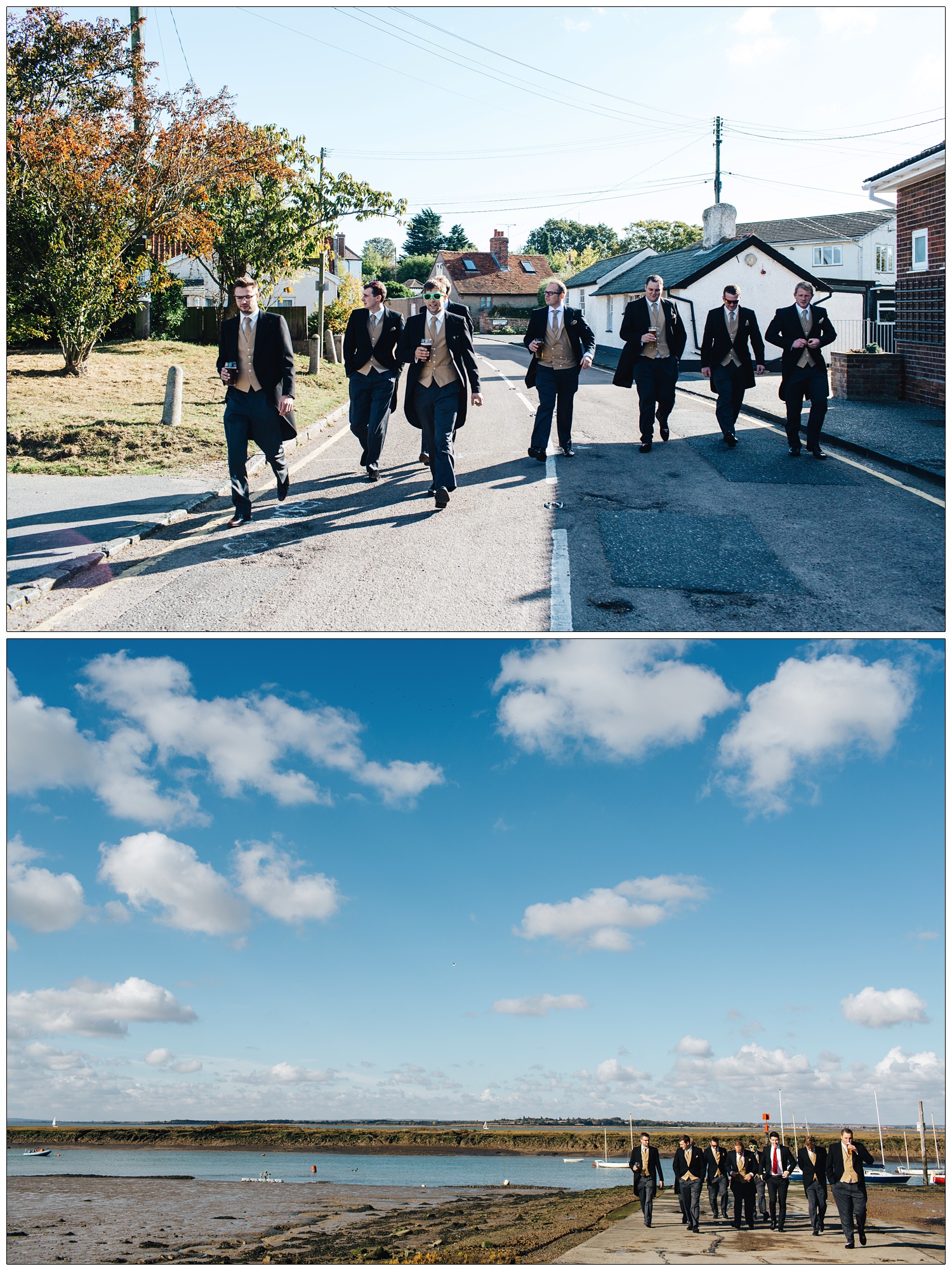 Groomsmen walking down Waterside Road in Bradwell-on-Sea. They are holding pints of beer and some are wearing sunglasses. They are all in morning suits with beige waistcoats and ties. Men walking by the river Blackwater in morning suits/