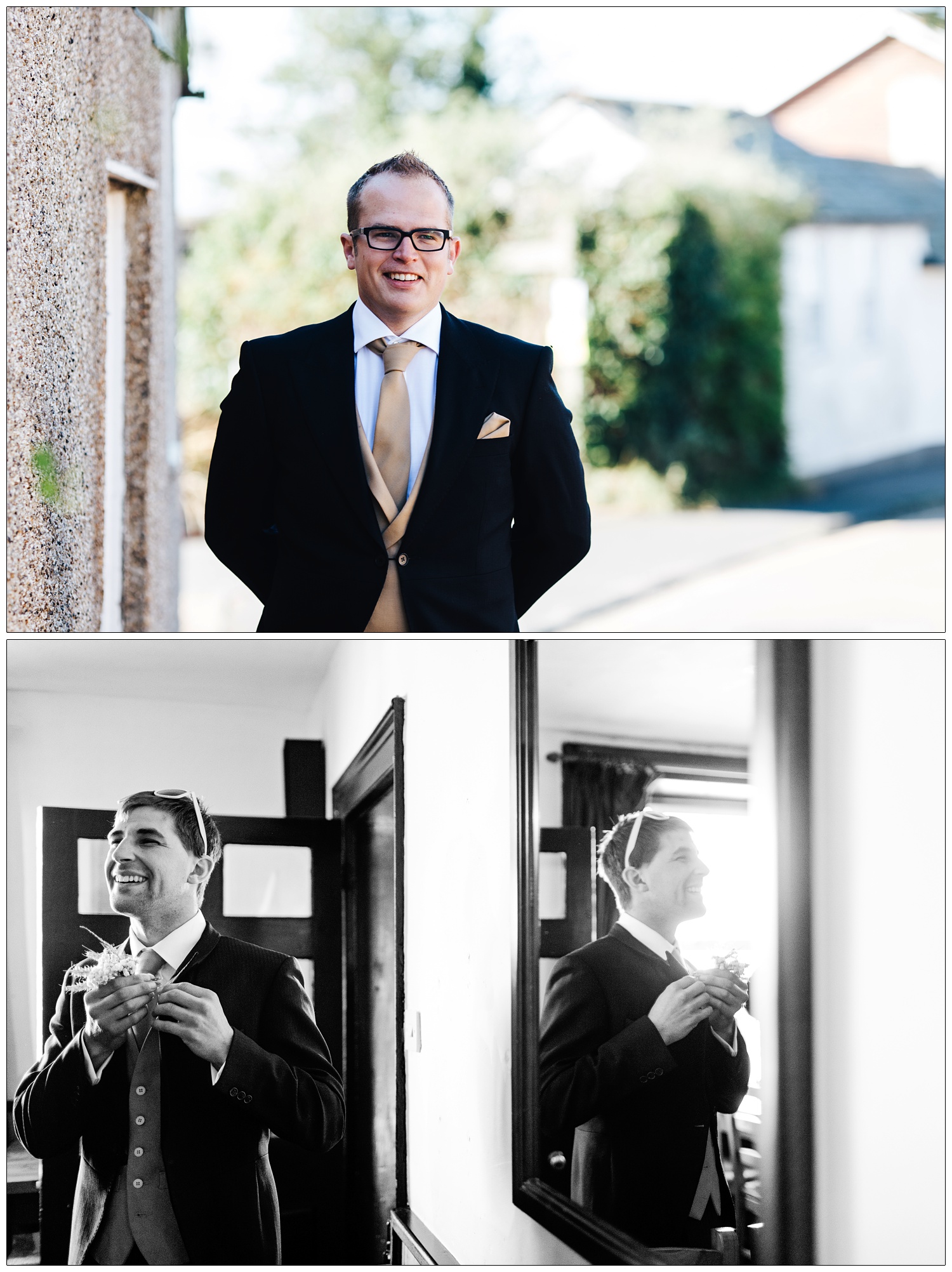 groom standing in the street in Bradwell-on-Sea before his wedding. He is smiling. A groomsman puts on his buttonhole and he is reflected in a mirror in a pub.