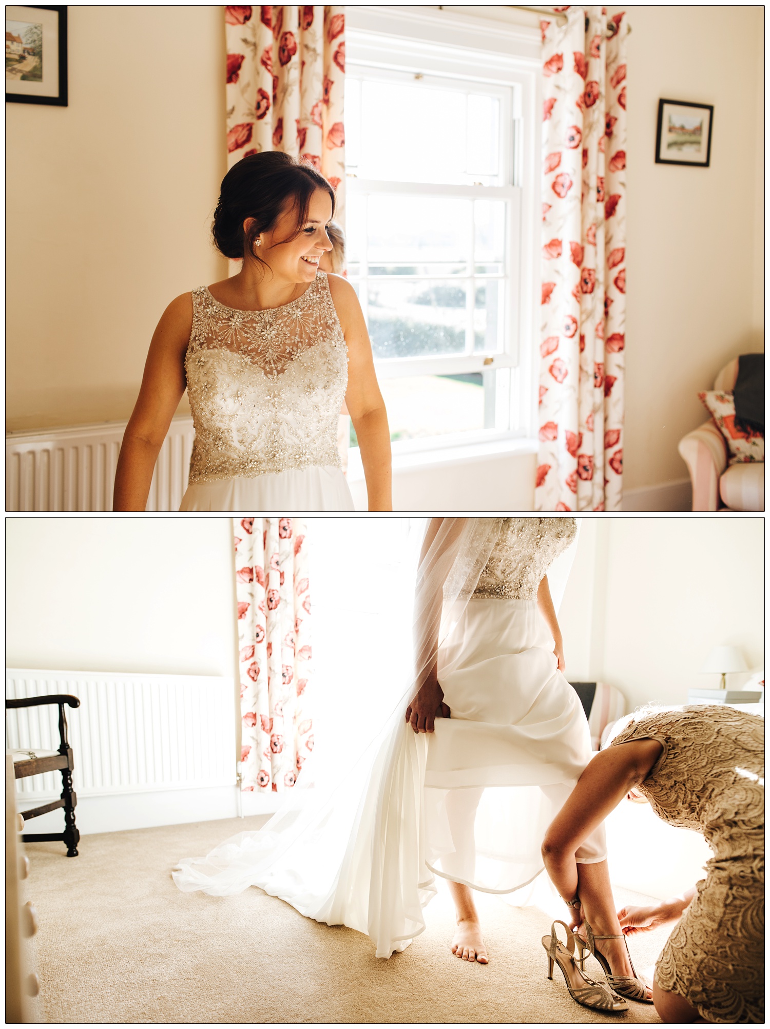 A woman helps her sister, wearing a wedding dress, on with her shoes.