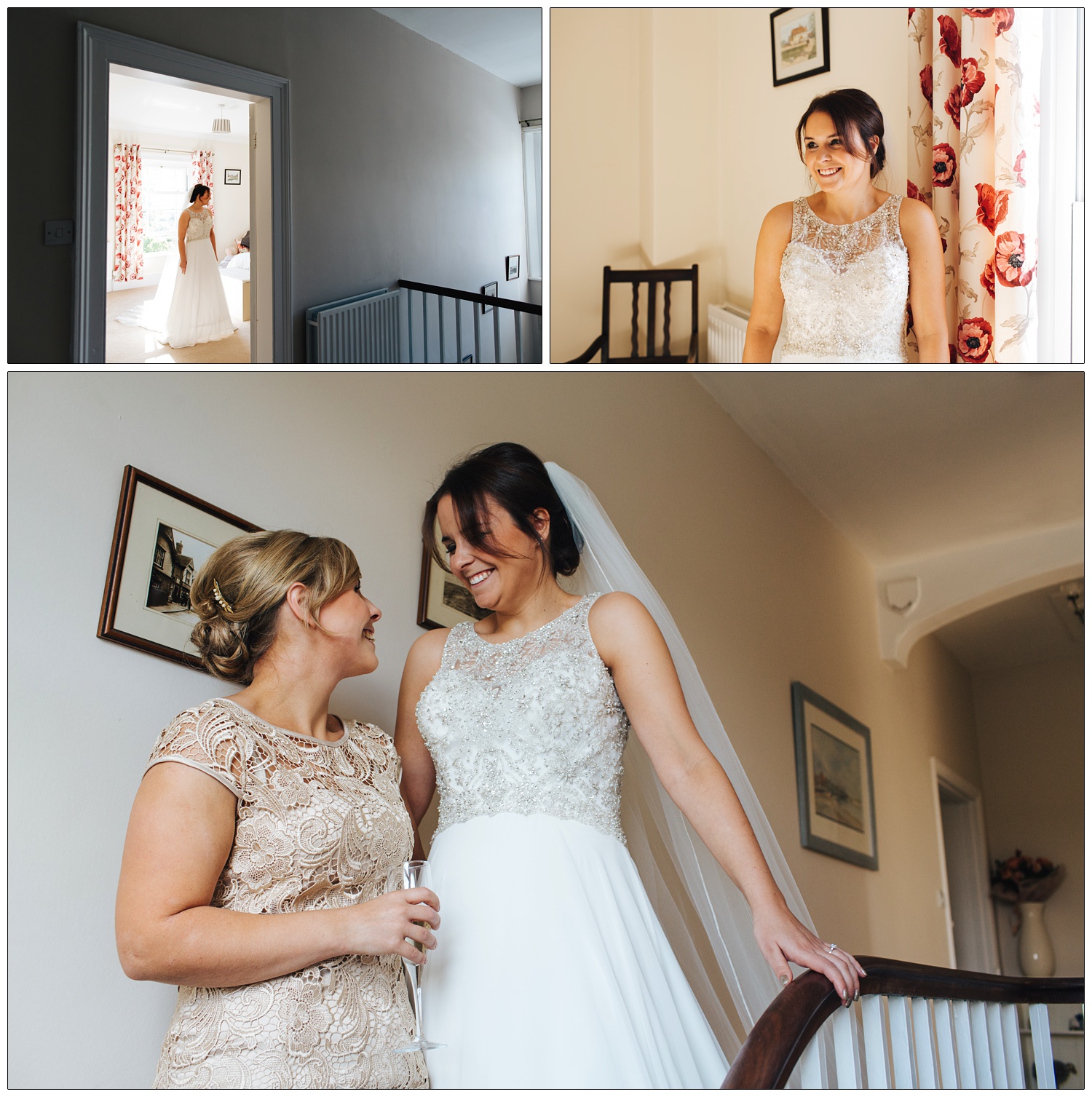 Sisters smiling at each other on the stairs. One is in her wedding dress, the other in a bridesmaid dress.