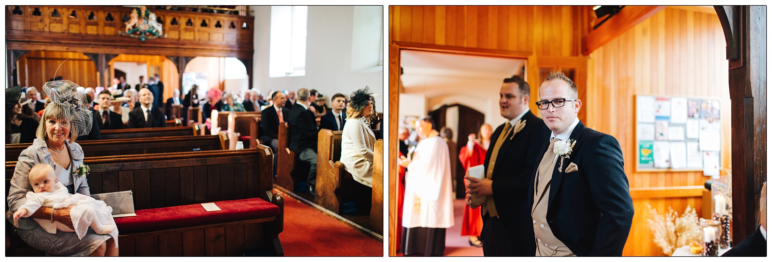 Women holding a baby siting in church. Groom waits for the wedding to start.