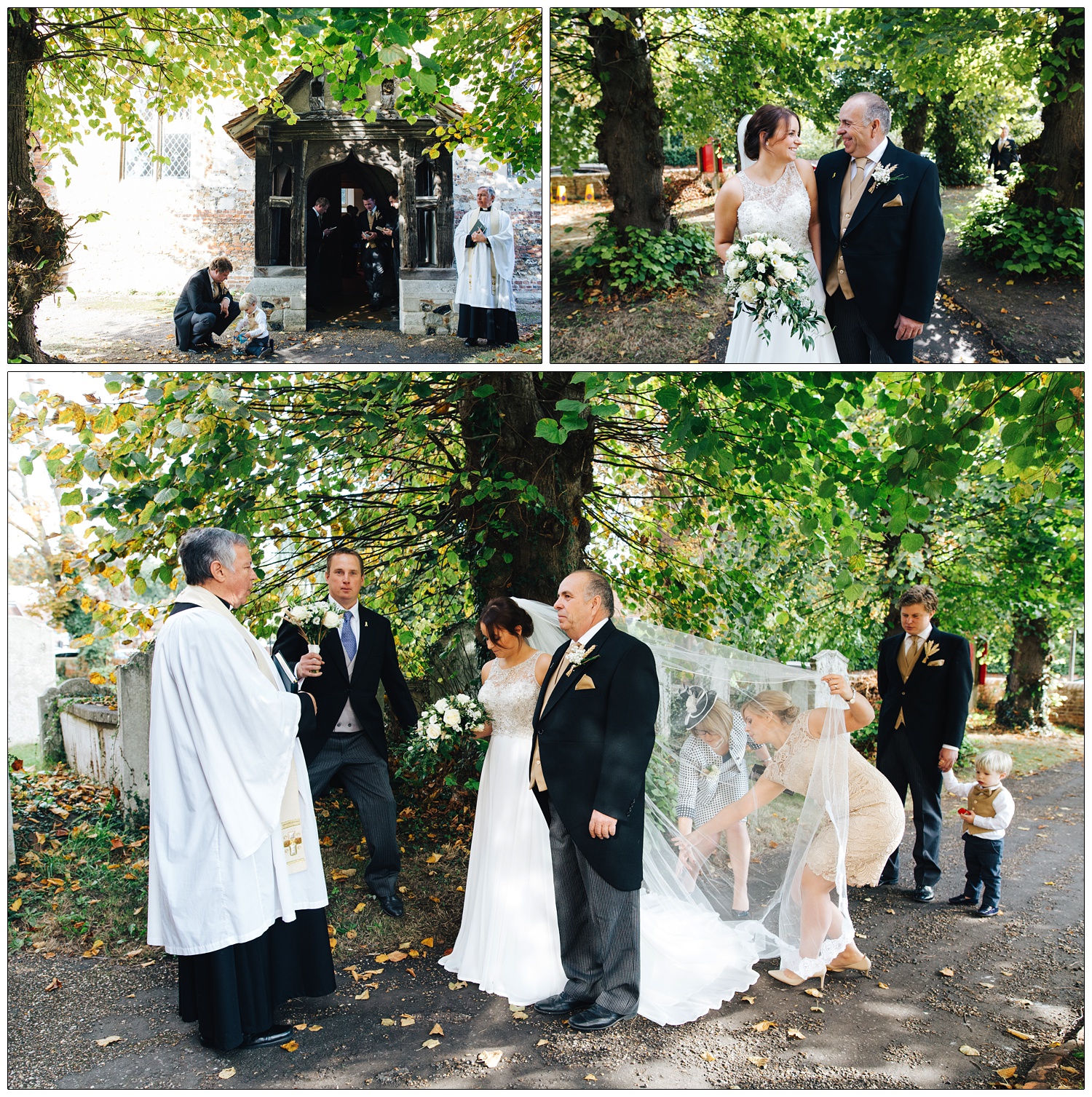 Bride arriving at St Thomas' Church Bradwell-on-Sea with her family. Her mum and sister rearrange her veil.