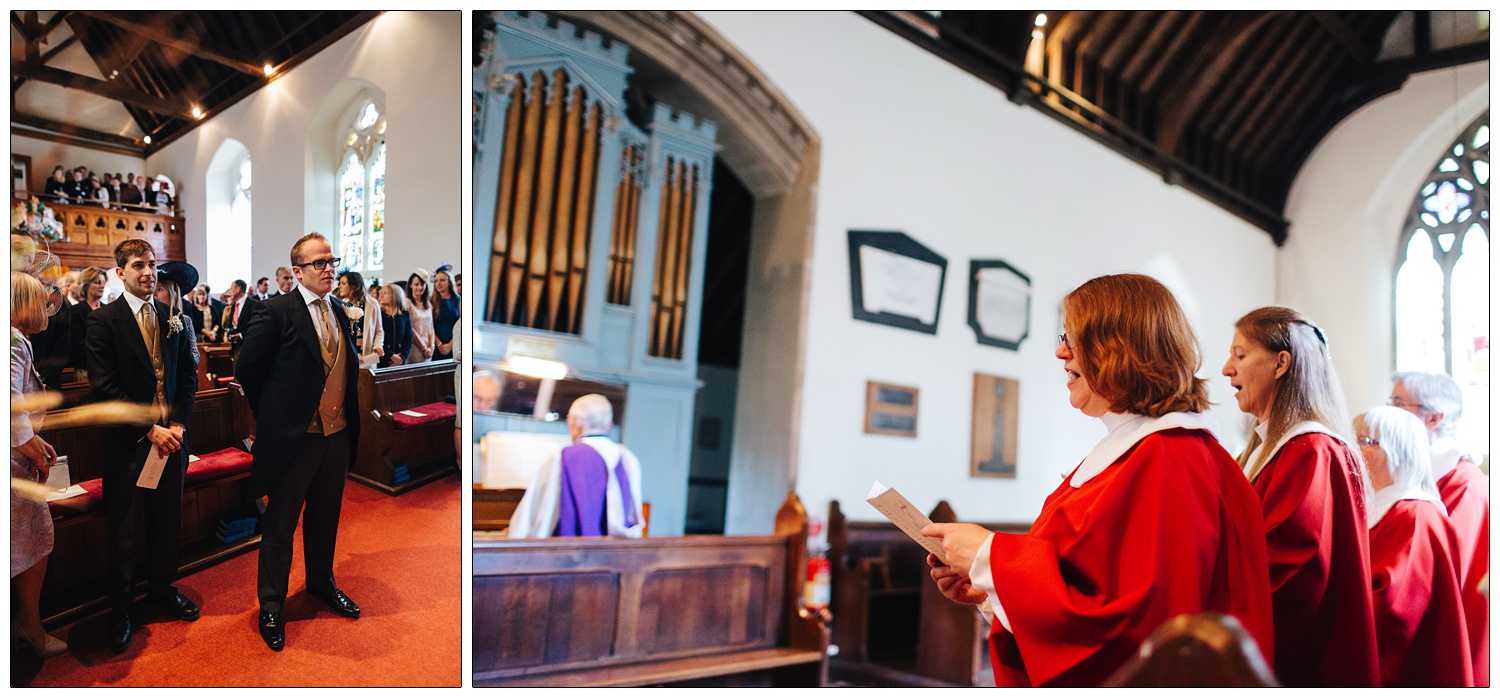 Women in a choir wearing red gowns. A man in purple plays the pipe organ.