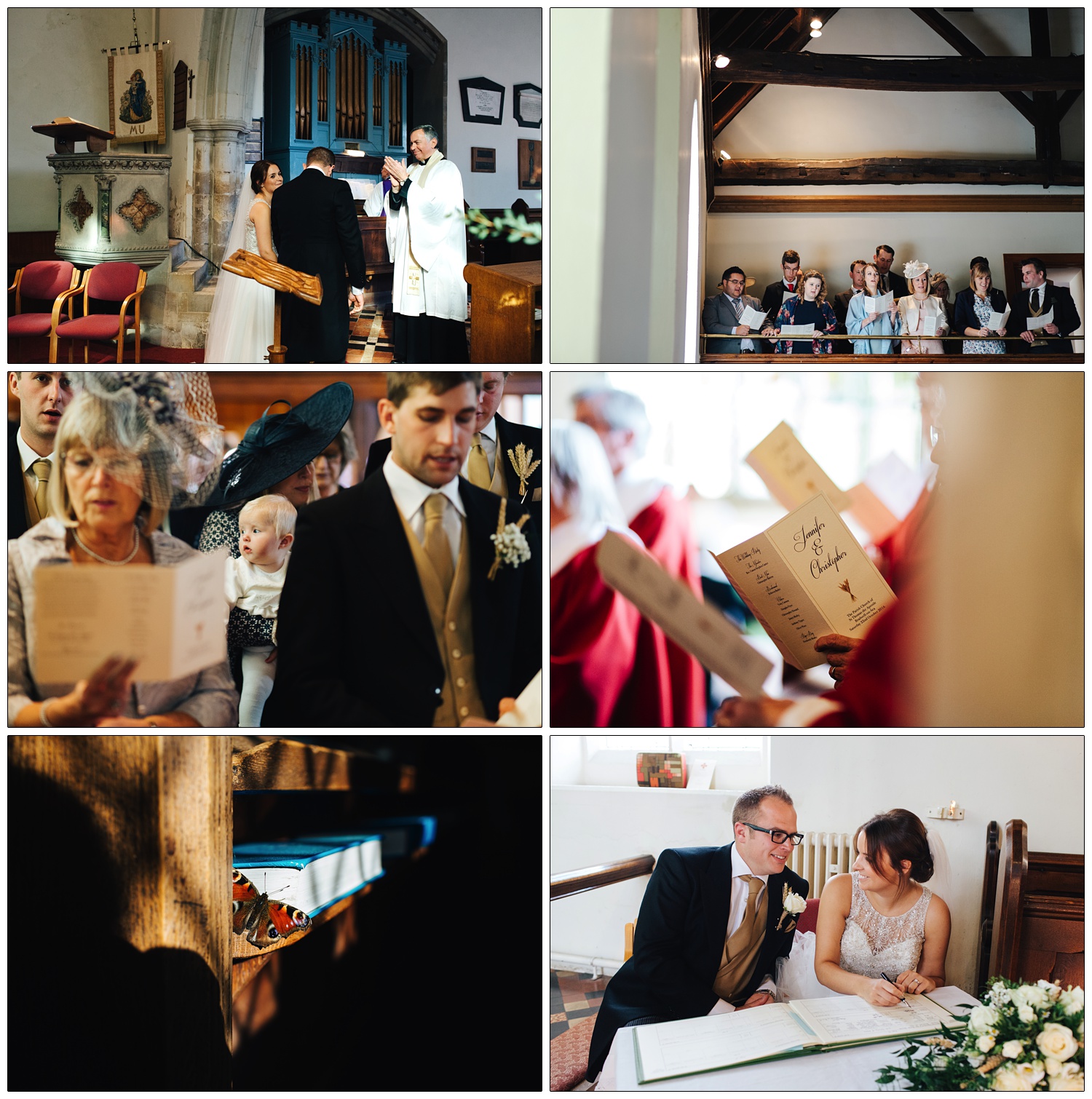 Pictures of bride and groom, guests and a butterfly in St Thomas' Church Bradwell-on-Sea