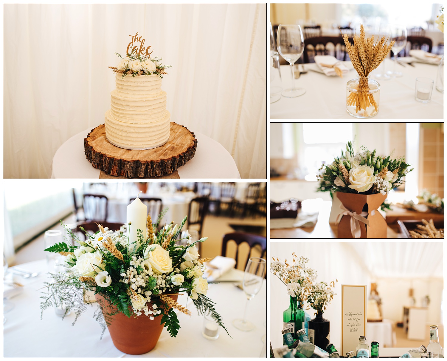 Wedding table details and cake, white flowers and ears of wheat.