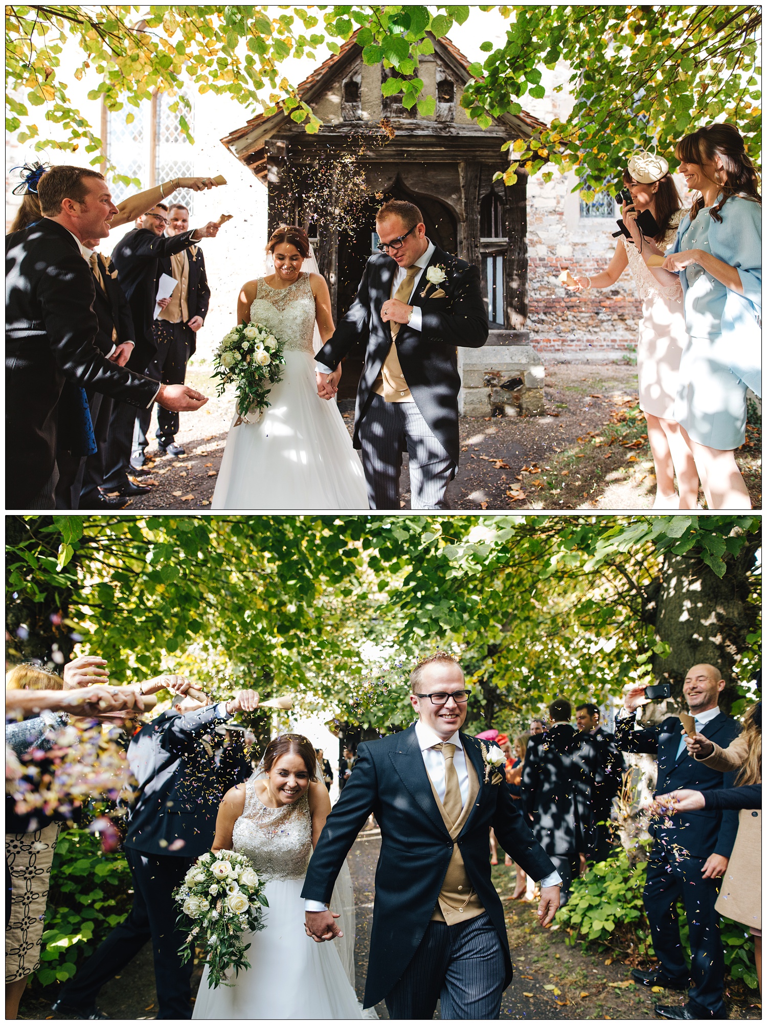 Confetti being thrown and husband and wife as they leave St Thomas' Church in Bradwell-on-Sea