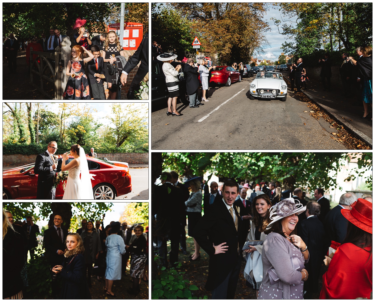 Newly married couple driving away from St Thomas' Church Bradwell-on-Sea. Guests are standing the street in the autumn sunshine. Leaves on the ground.