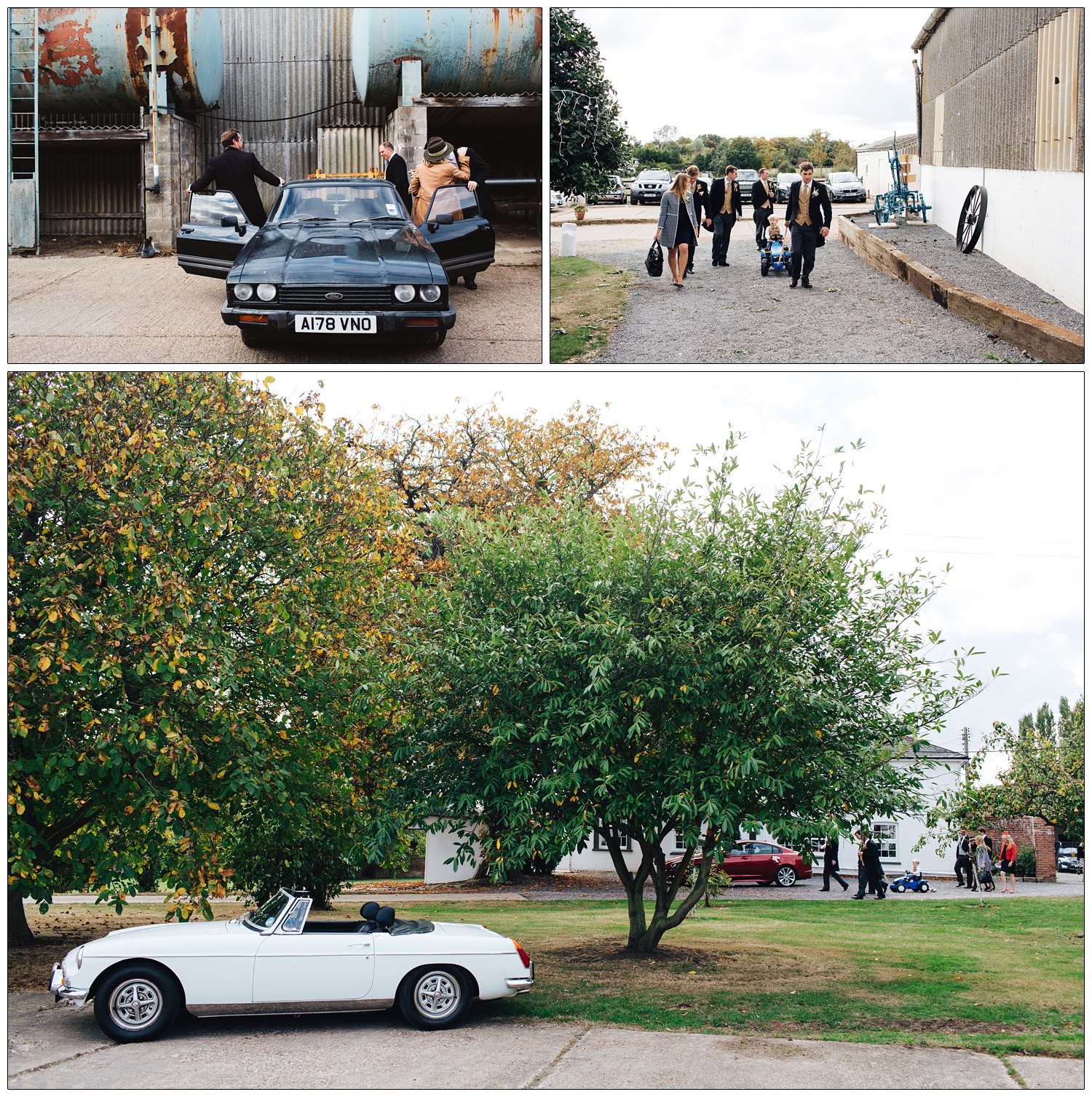 Couple getting out of a black 1984 Ford Capri. A 1972 white MG is parked by some trees, in the background a small boy rides a blue toy tractor.