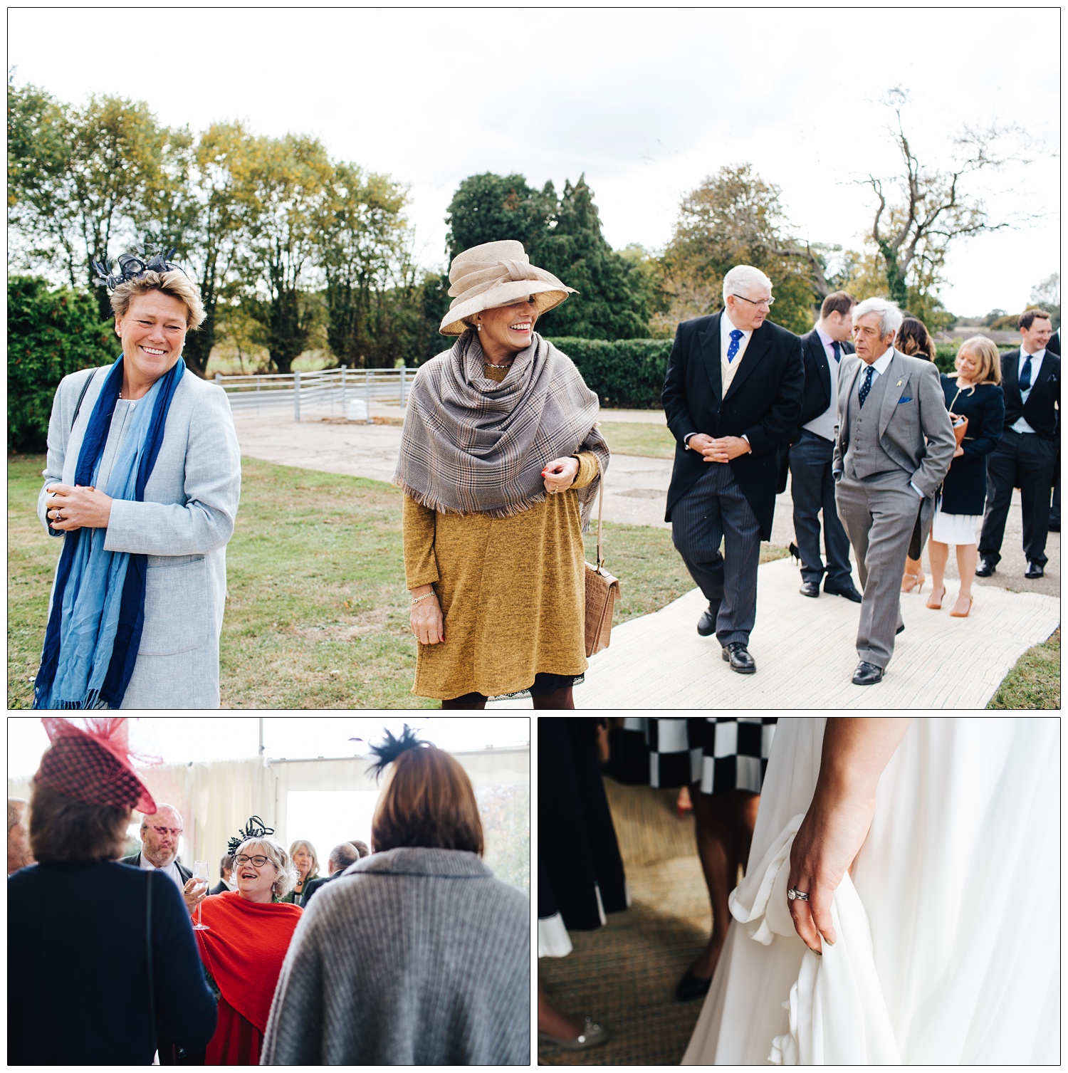 People arriving at the farm in Essex for a wedding reception. There is a woman in a hat smiling.