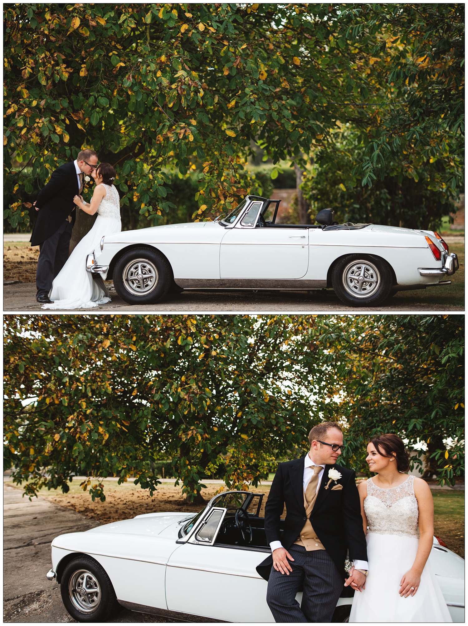 Woman in a wedding dress and husband in a morning suit kissing and sitting on their white 1972 MG.