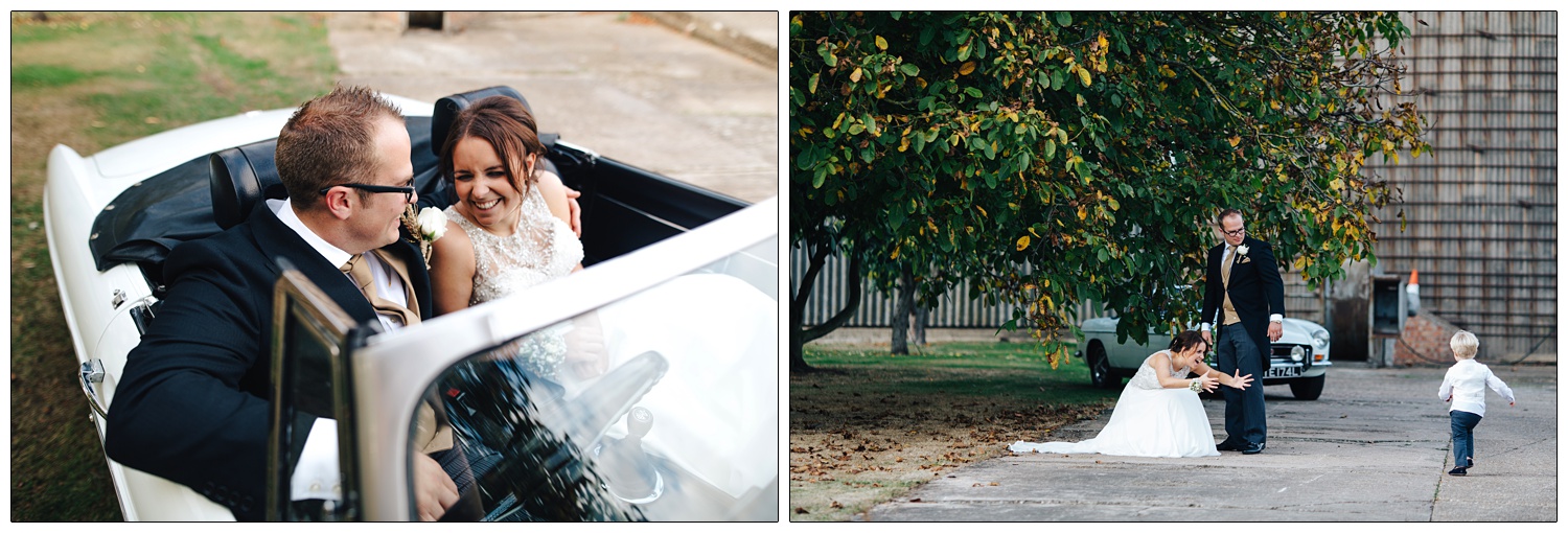 Newly married couple sitting in a 1972 white MG