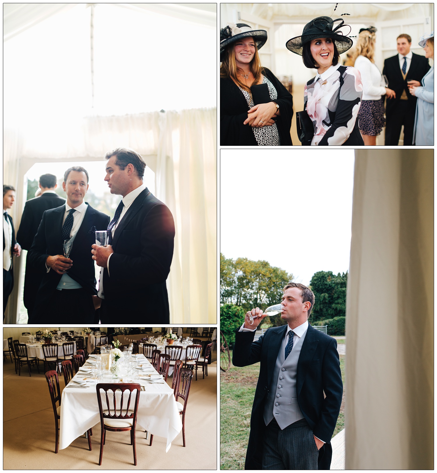 candid pictures of wedding guests having drinks.