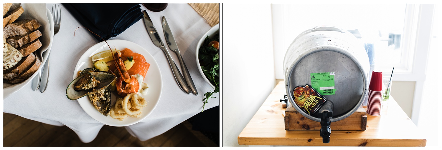 A plate of seafood and a barrel of Crouch Vale Yakima Gold at a wedding reception at the Brandy Hole on the River Crouch.