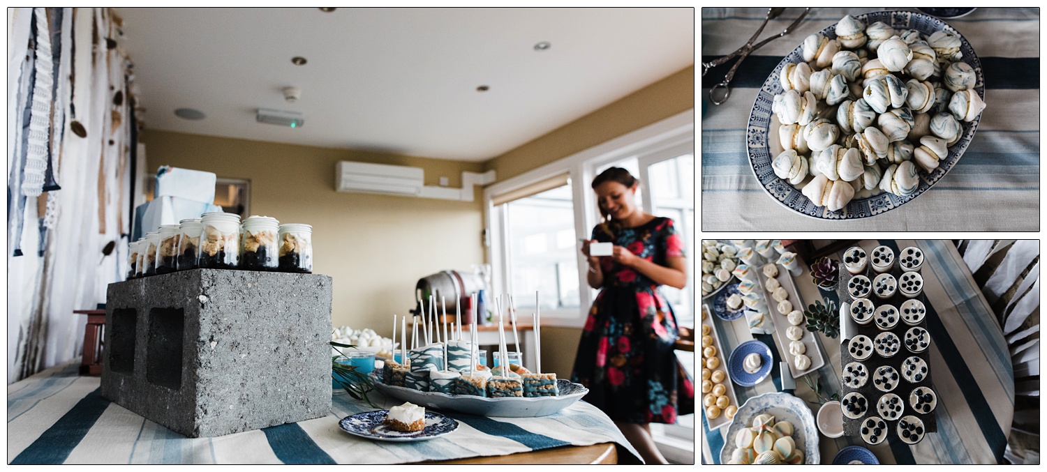 Zoe of The Scrummy Yummy Cake Company in essex is putting the finishing touches to the cake table she created at a Brandy Hole wedding.