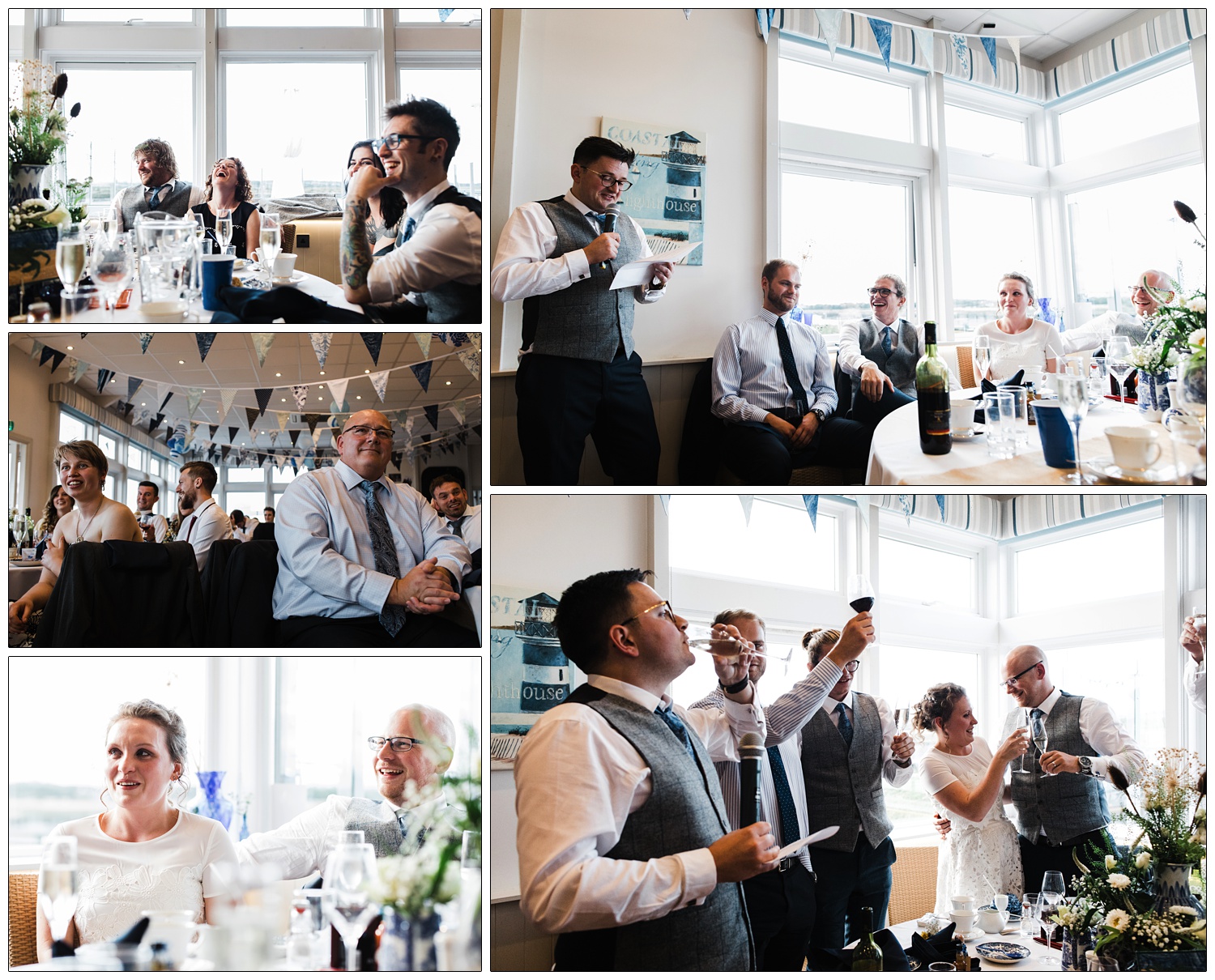 People are sat at round tables and they are listening to the best man give a speech.