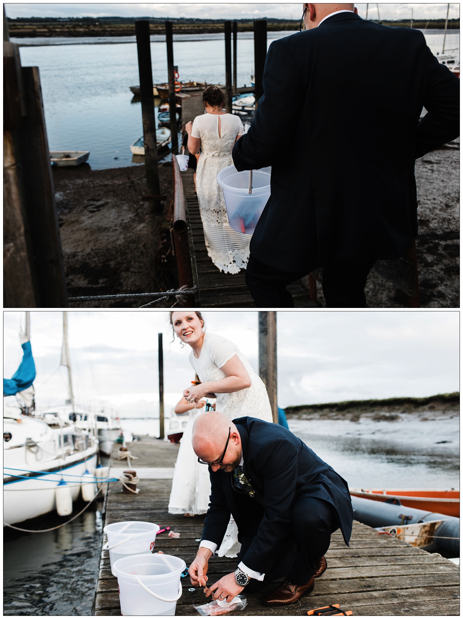 Bride and groom going crabbing off the jetty at the Brandy Hole wedding venue by the River Crouch.