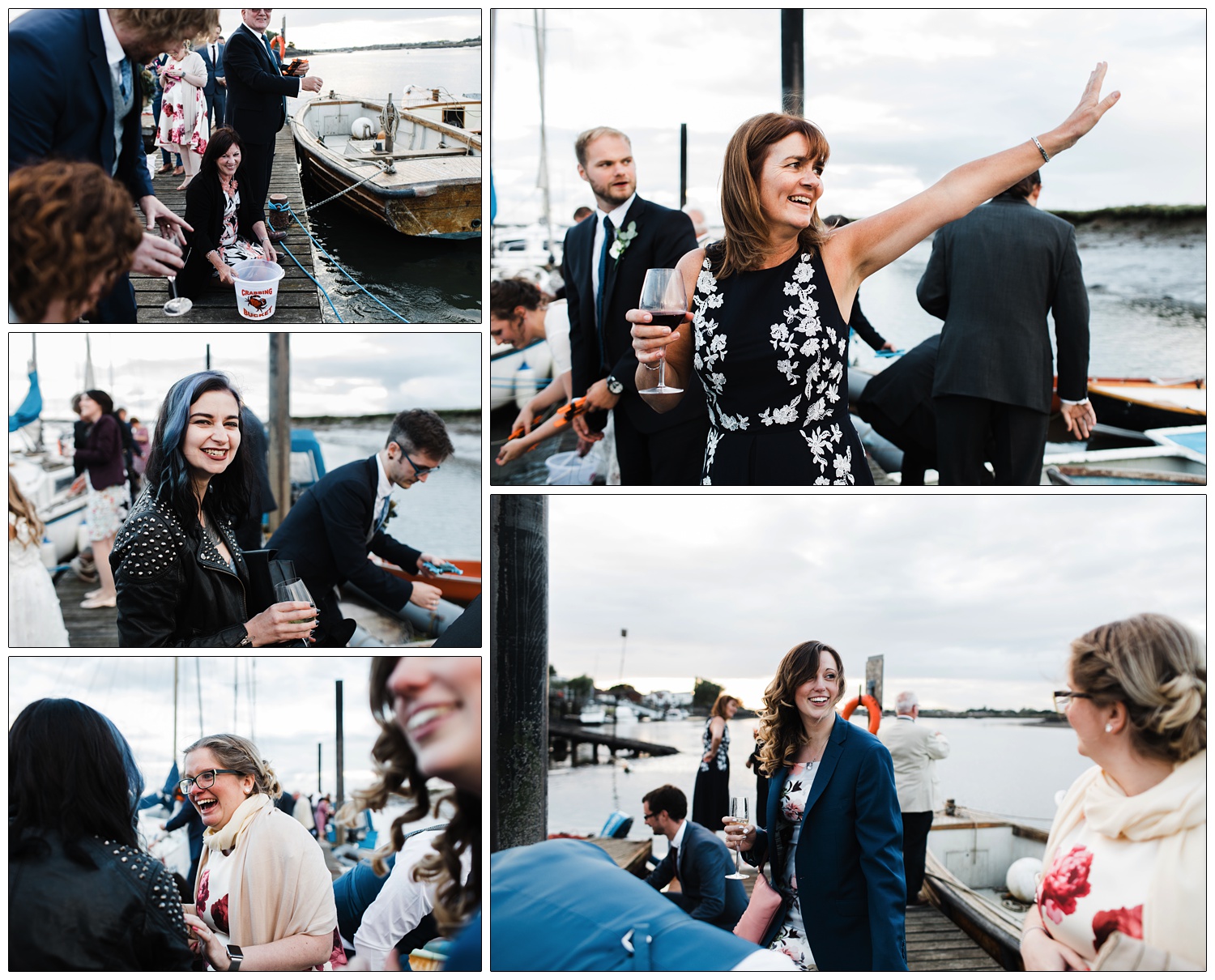 People in wedding attire out on the jetty at Brandy Hole in Hullbridge. They are crabbing, smiling and drinking wine.