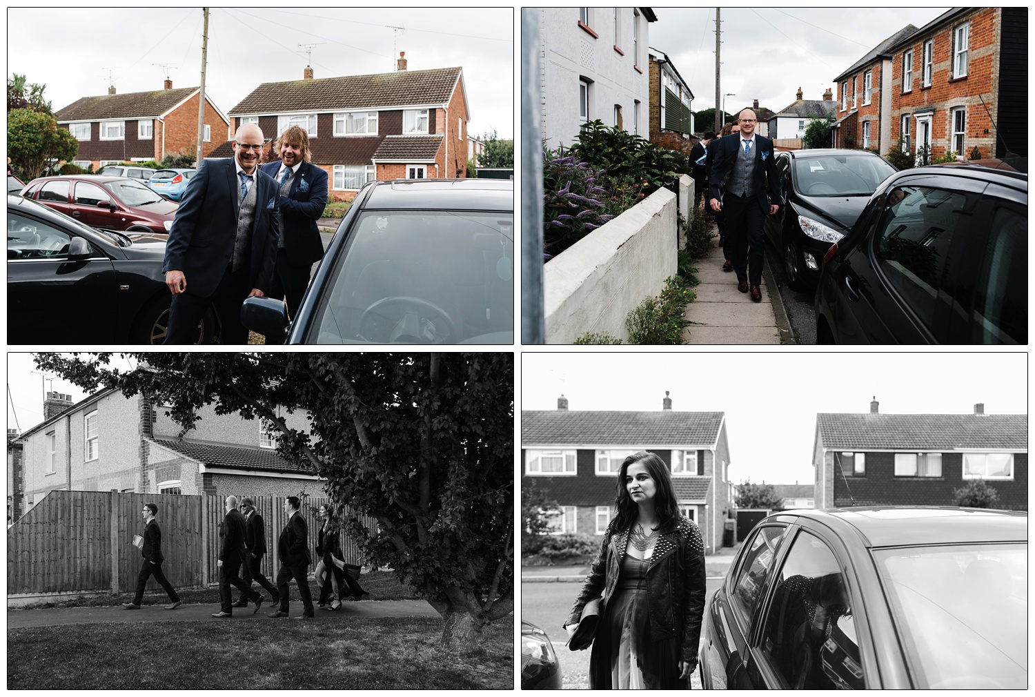 Man leaving his house with his friends to walk to his wedding in Maldon.