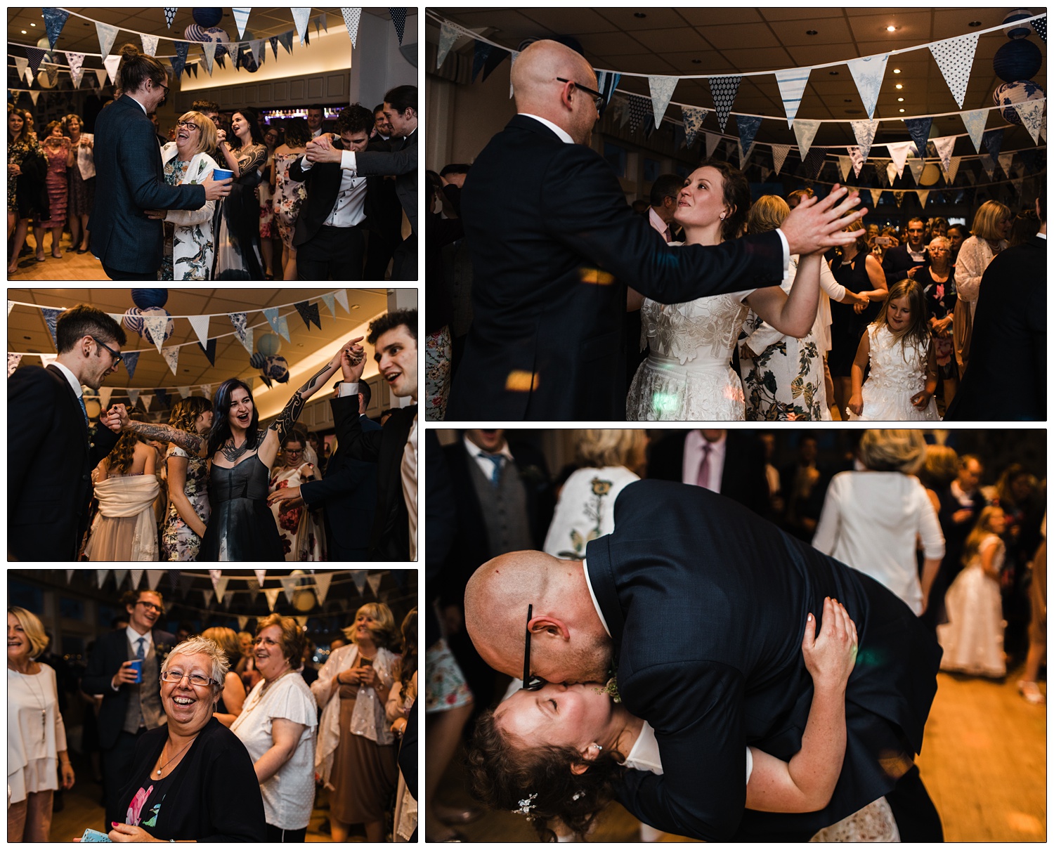 A first dance at Brandy Hole, there is multi-patterned bunting that is mostly white an blue, hanging from the ceiling.