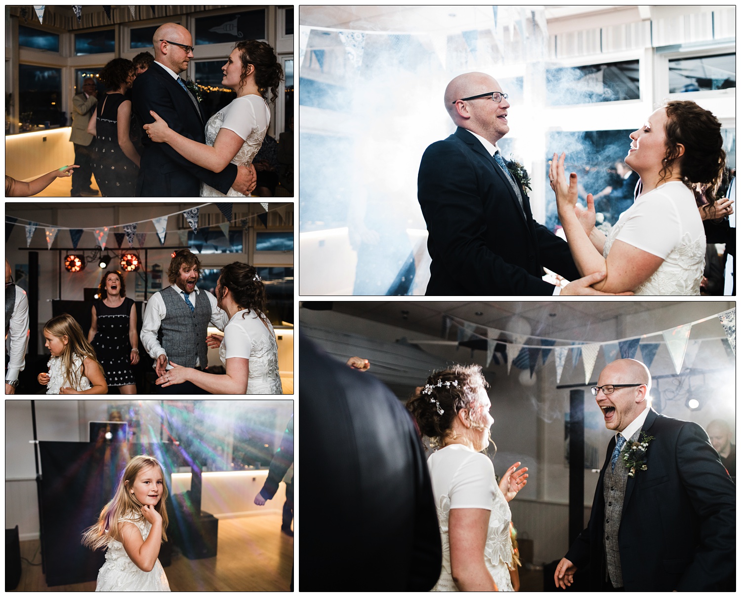 A smoke machine and lights illuminate a newly married couple.