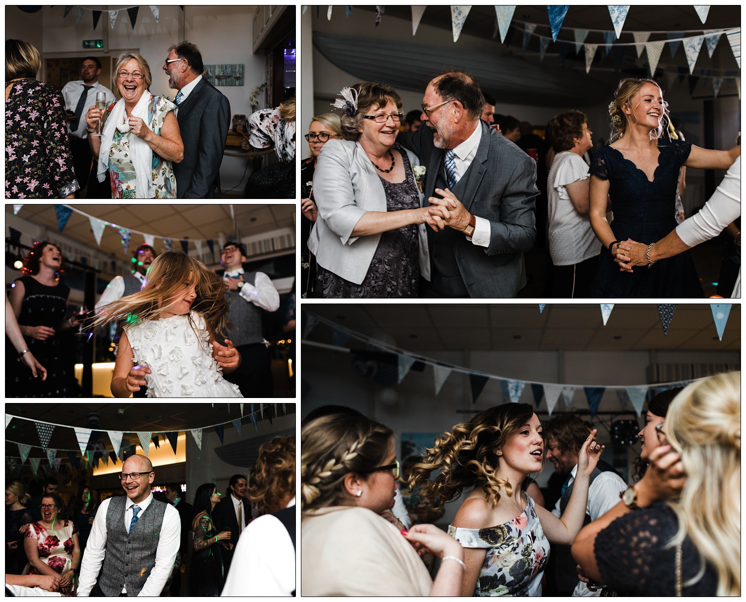 A selection of candid wedding photographs from a packed dance floor. Couples are dancing, a girl is shaking her hair.