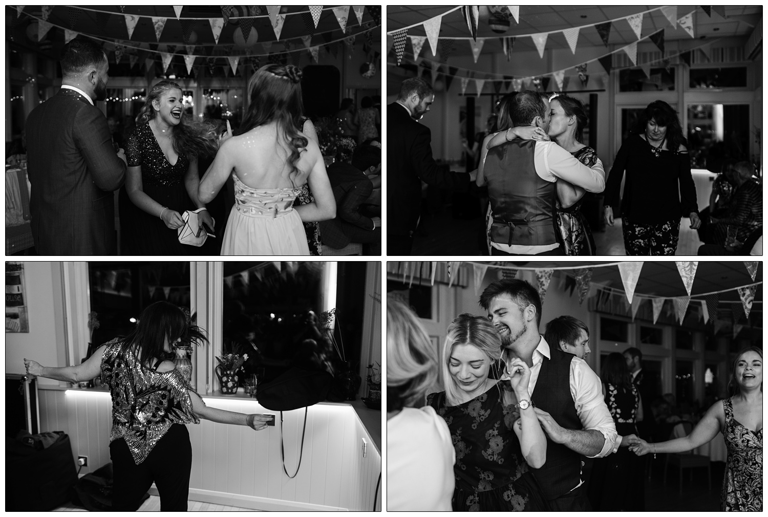 Reportage style wedding photography at a wedding reception by the River Crouch in Essex. They are black and white photographs of dancing and kissing.