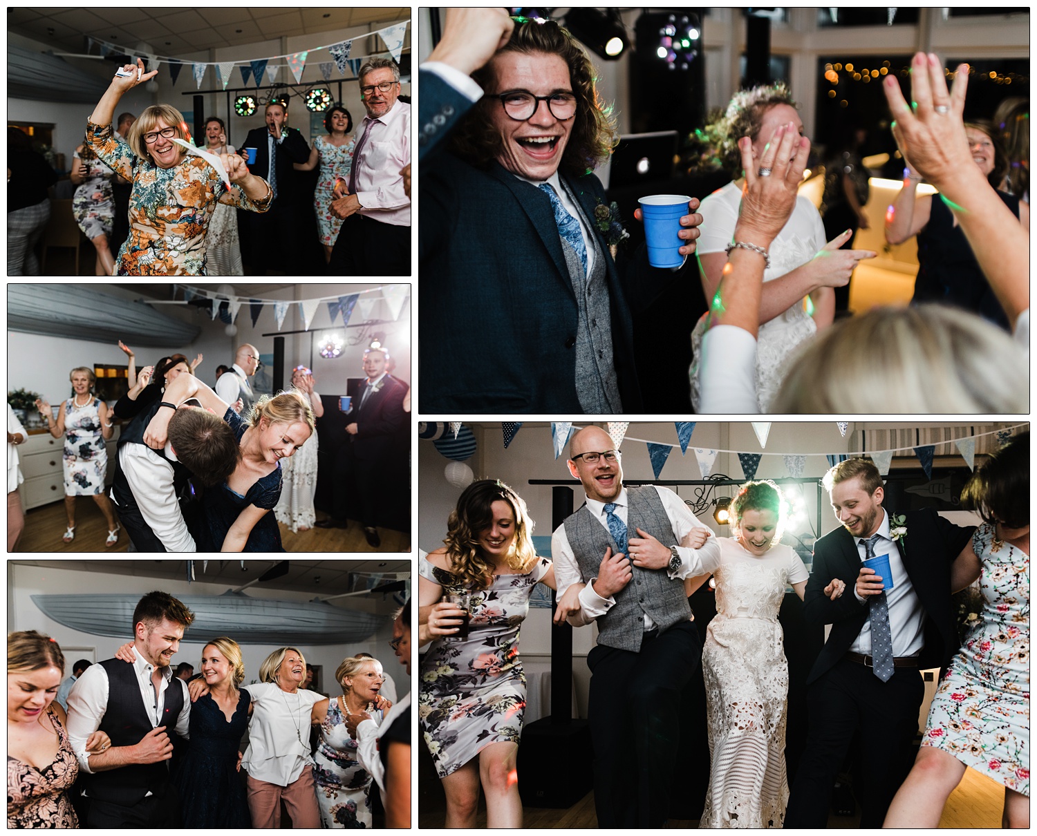 Family and friends dancing at a Brandy Hole wedding.