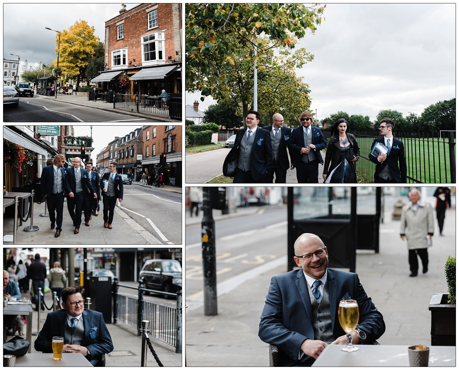 Man on his wedding day sat down with a beer outside the OAKhouse Bar Cafe next to the All Saints with St Peter church. He walks along Maldon High Street with his friends.