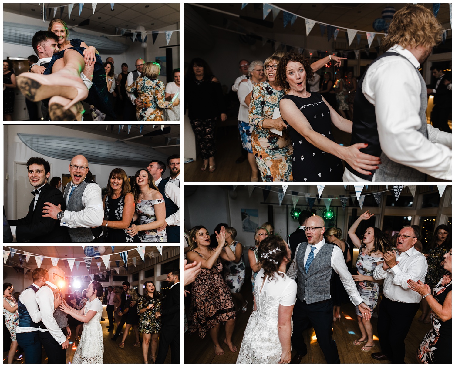 People do a conga line at a wedding reception in Hullbridge. A woman is looking surprised at the camera.