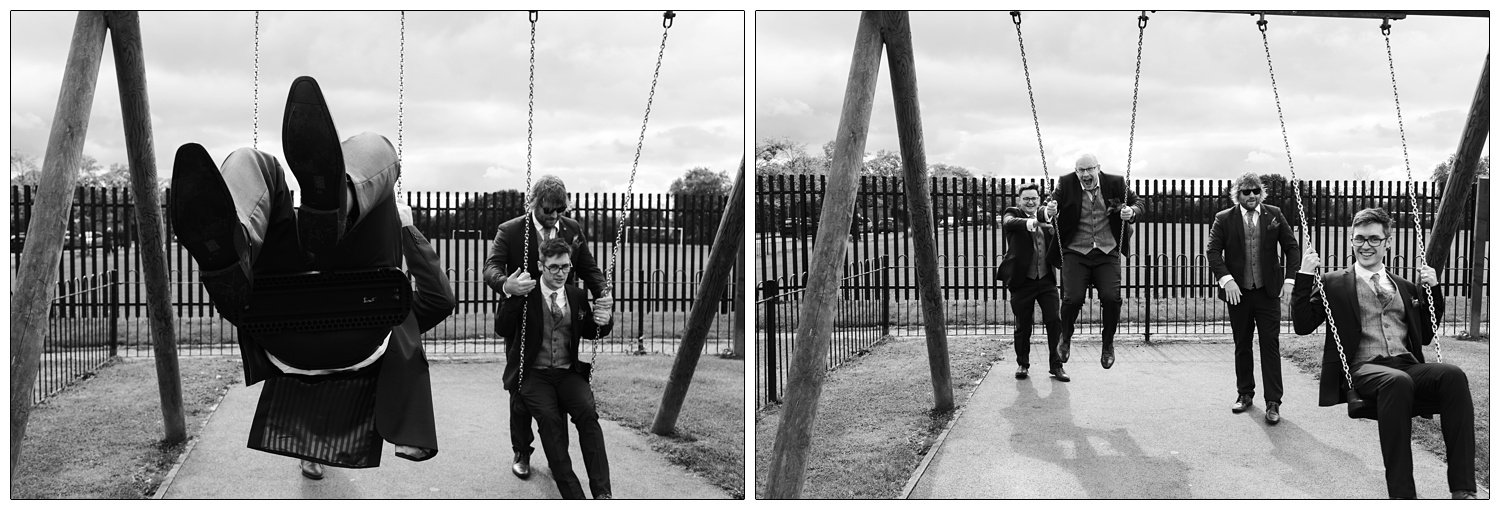 Groomsmen on swings in a park in Maldon.