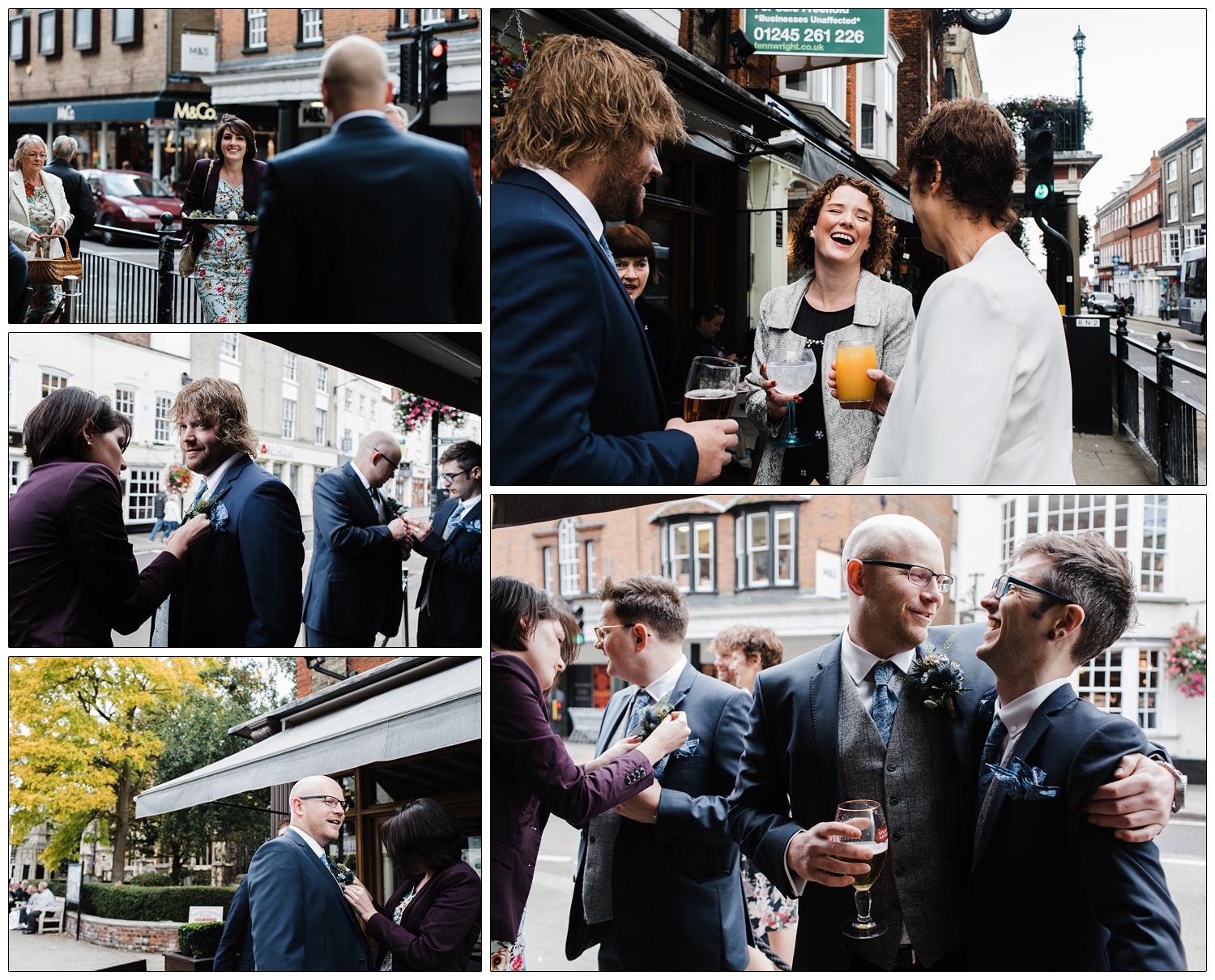 People arriving at the OAKhouse Bar Cafe before a wedding at the church next door. Women help the men with their buttonholes.