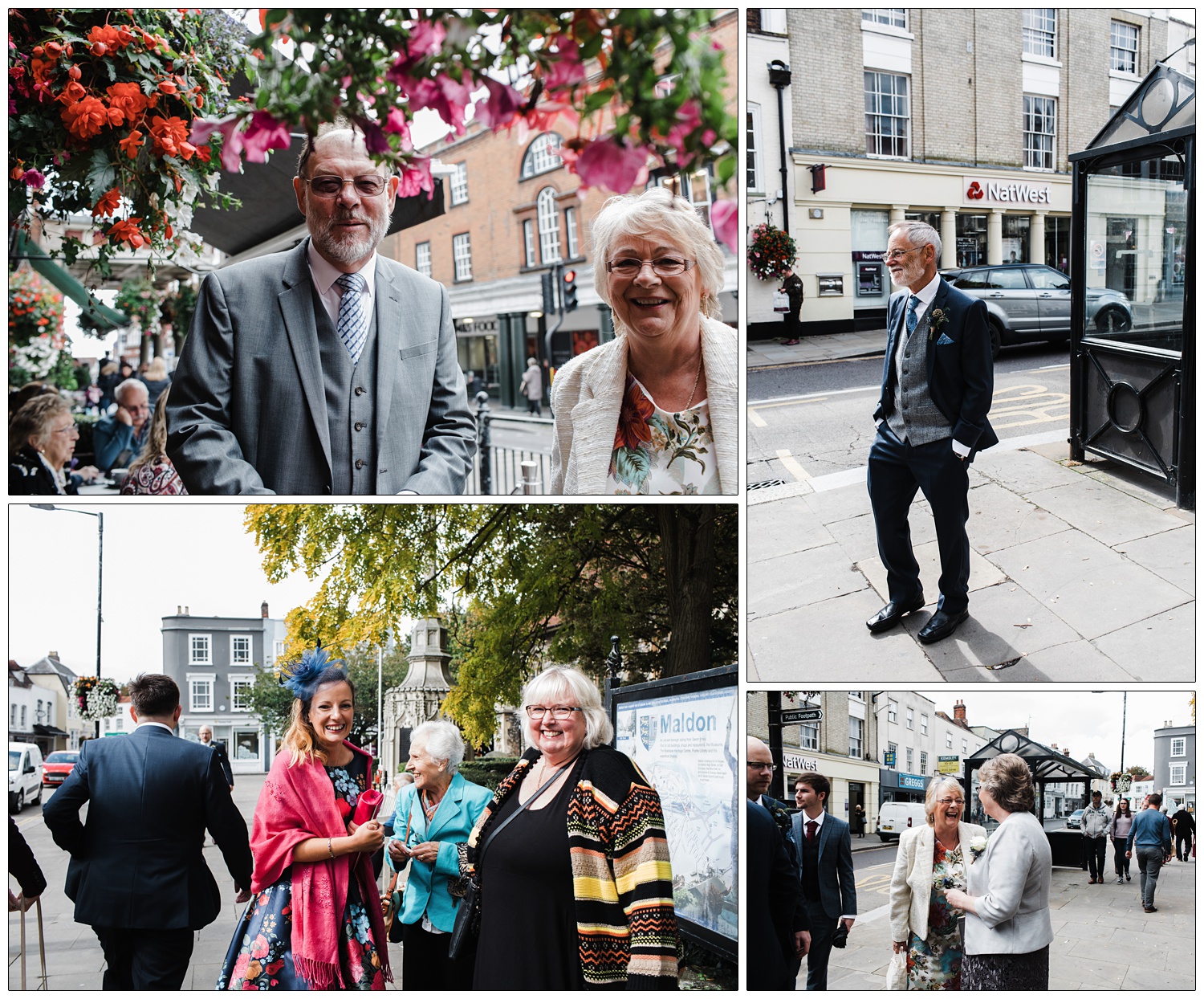 People on Maldon High Street arriving for a wedding in the church.