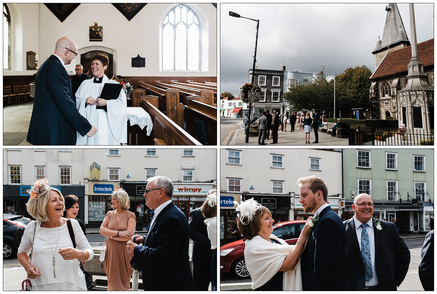 Groom laughing with the vicar at All Saints with St Peter Church Maldon