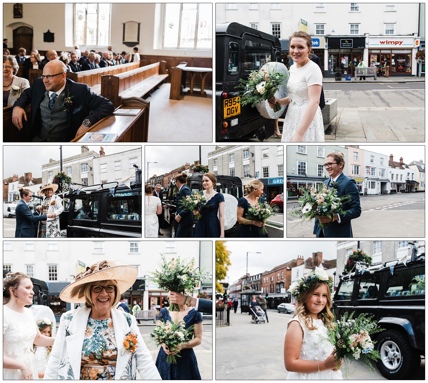 The bride and bridesmaids arriving at Maldon church for wedding in a Land Rover.