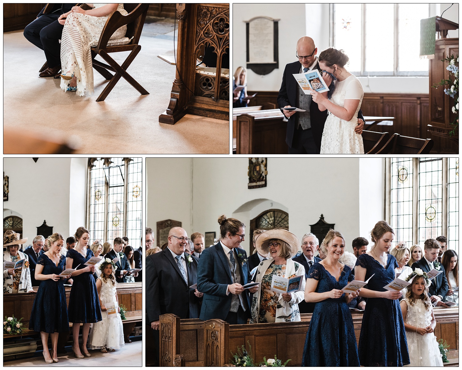 Woman in beige hat in a pew at a wedding smiles at her son. The people are singing. The bridesmaids are at the front.